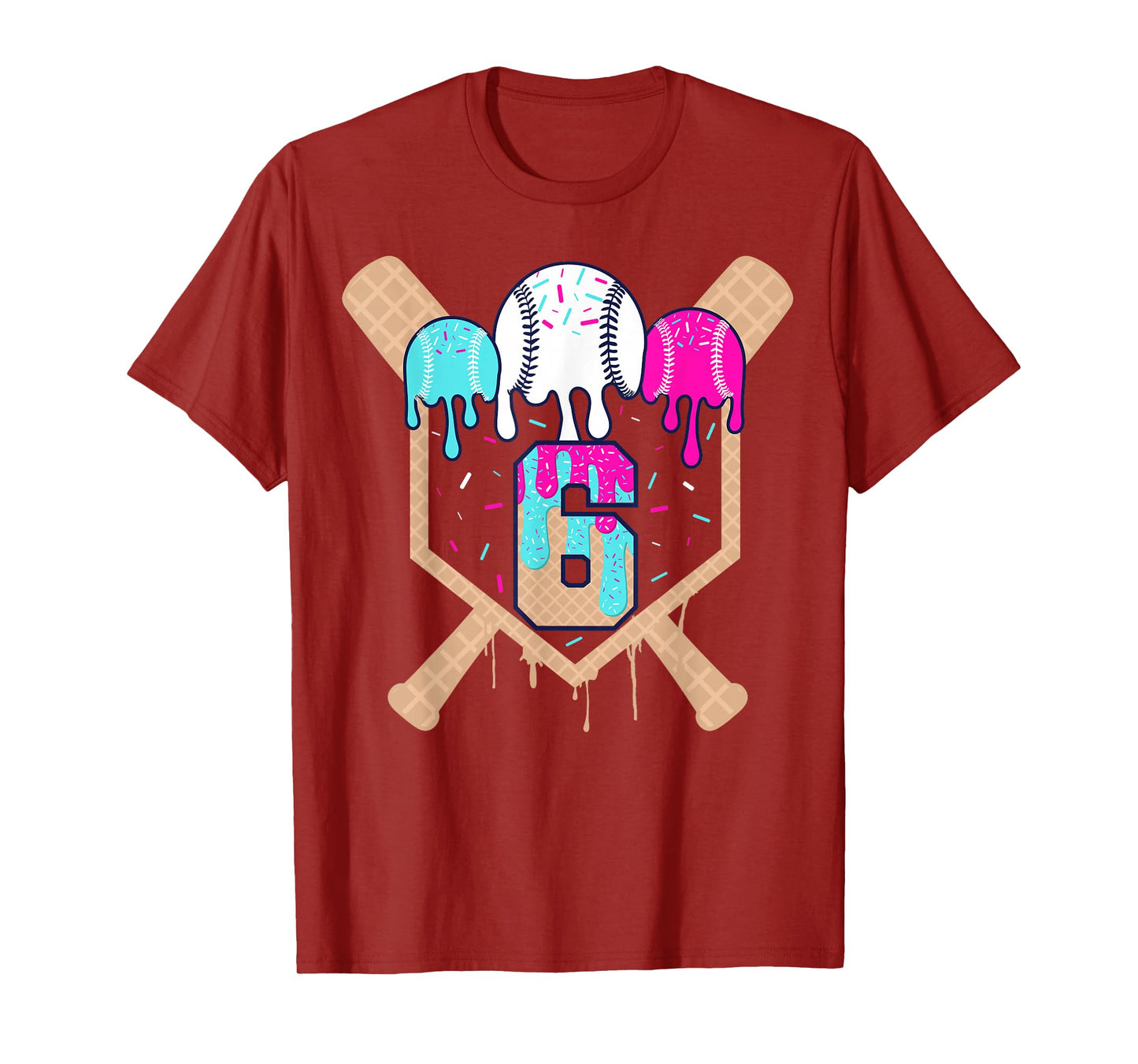 Baseball 6 Year Old Ice Cream Drip 6th Birthday Boy Number 6 T-Shirt