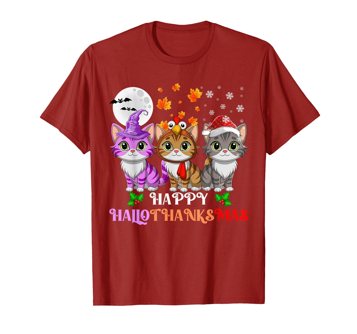 Happy HalloThanksMas Cats Halloween Thanksgiving Christmas T-Shirt