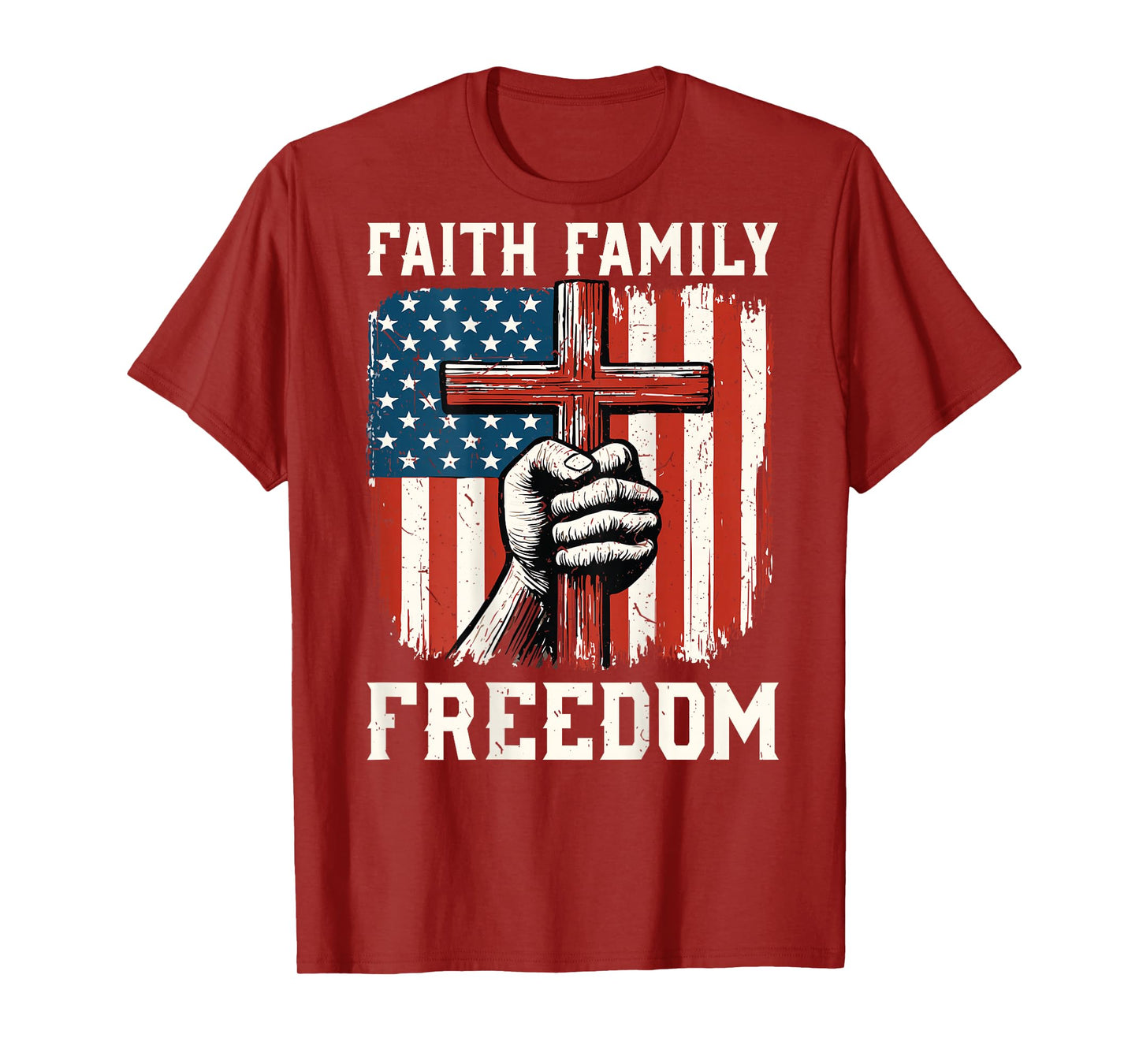 Faith Family Freedom American Flag Christian Patriotic Cross T-Shirt