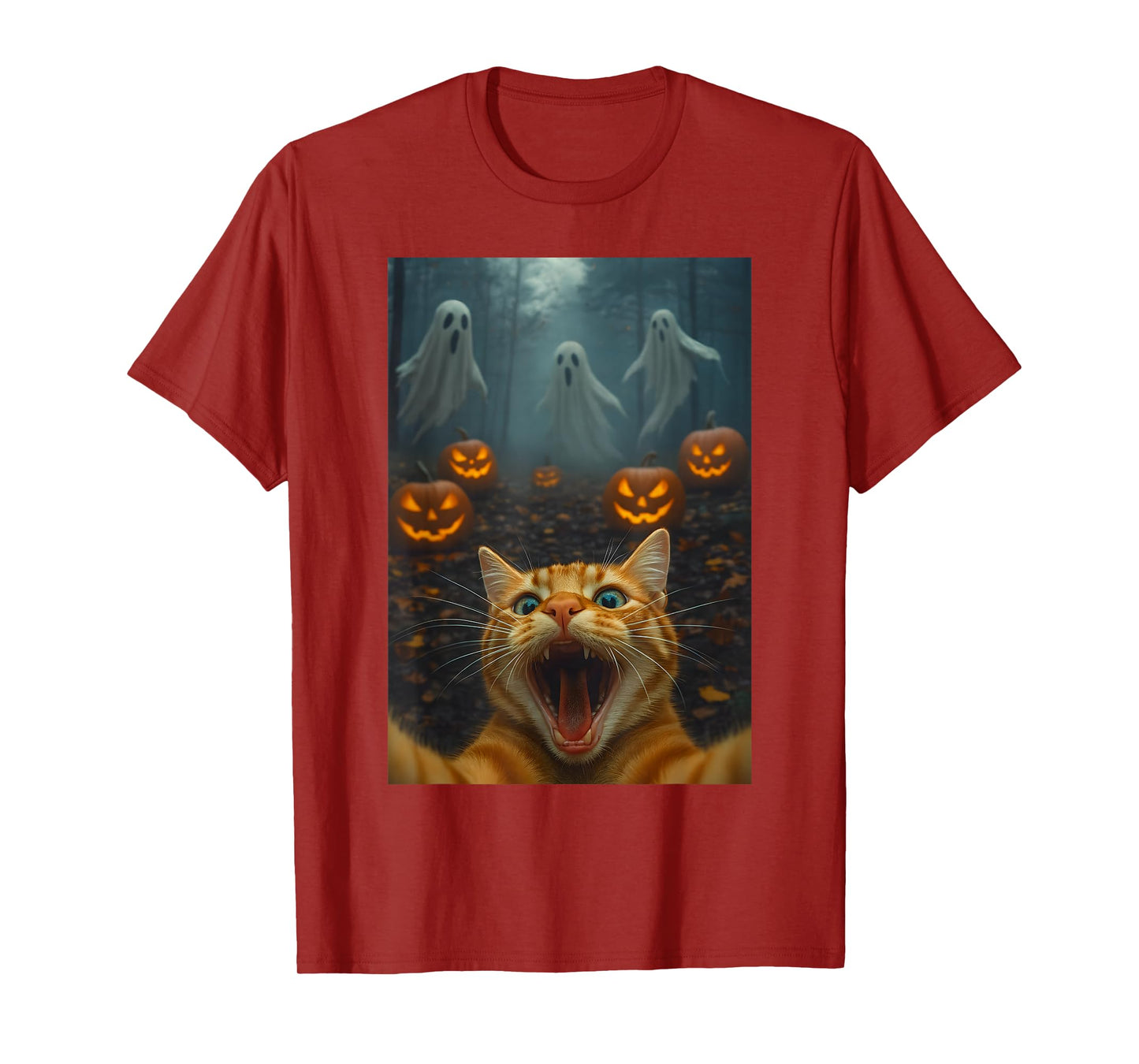 Spooky Halloween Funny Cat Selfie with Ghost Boo Pumpkin T-Shirt