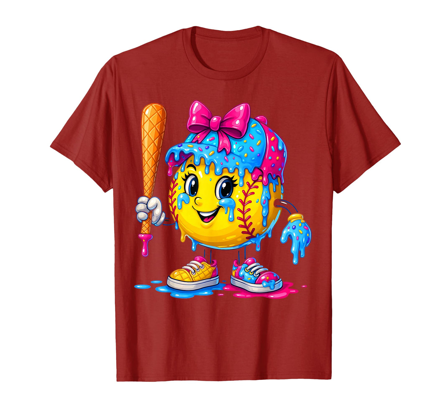 Softball Girls Ice Cream Drip Bat Sweet Sport Youth Game Day T-Shirt