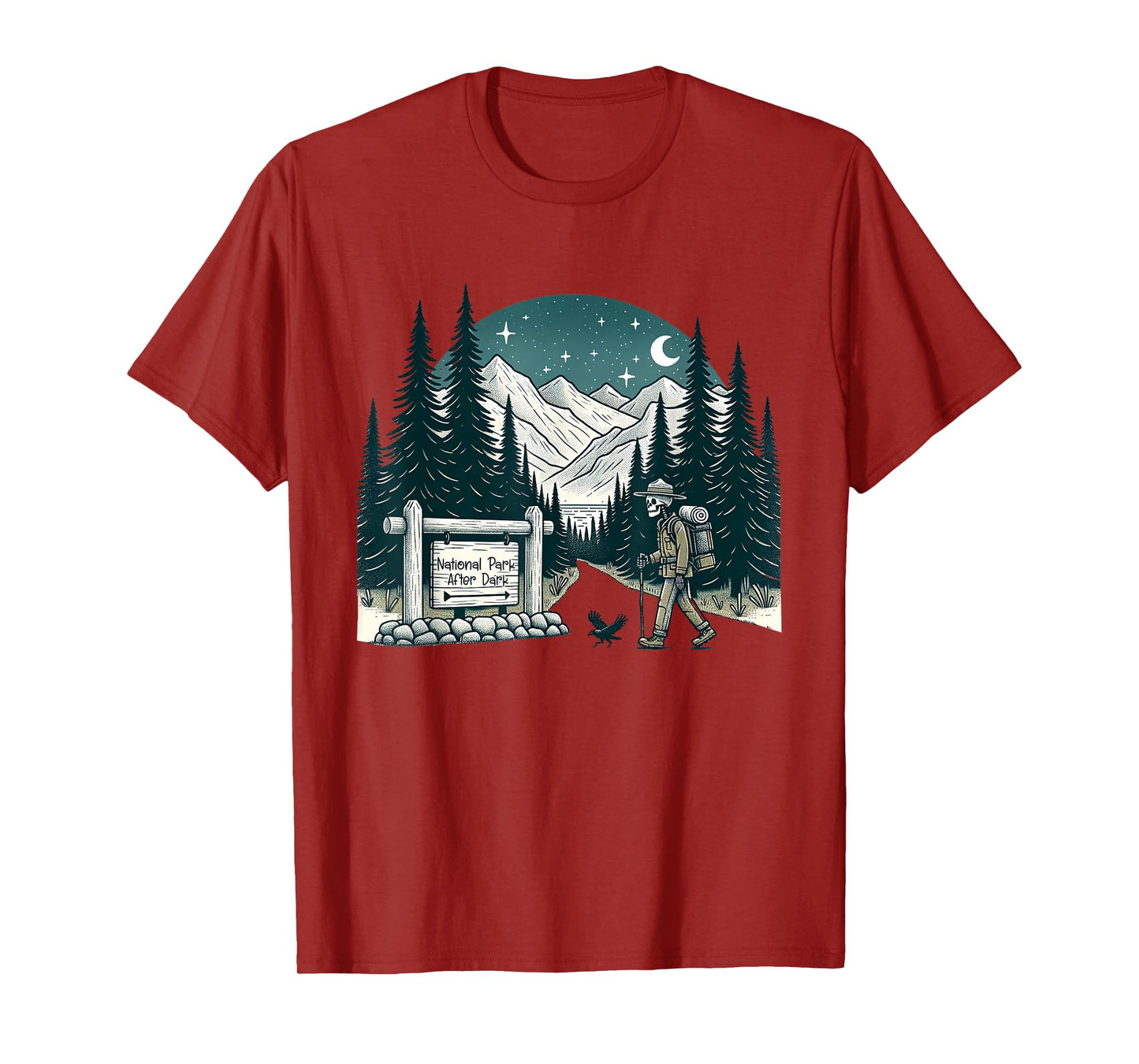 Vintage Retro National Park After Dark Skeleton Hiking Camping Outdoor T-Shirt, Small