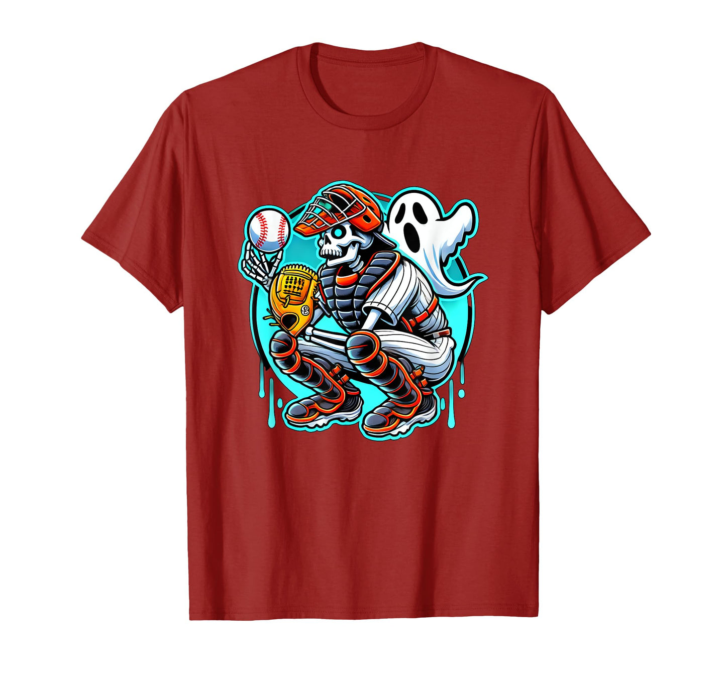 Halloween Skeleton Baseball Catcher T-Shirt