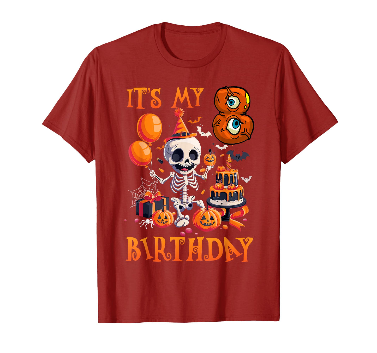 Kids Boo It's My 8th Birthday Halloween Skeleton 8 Years Old T-Shirt