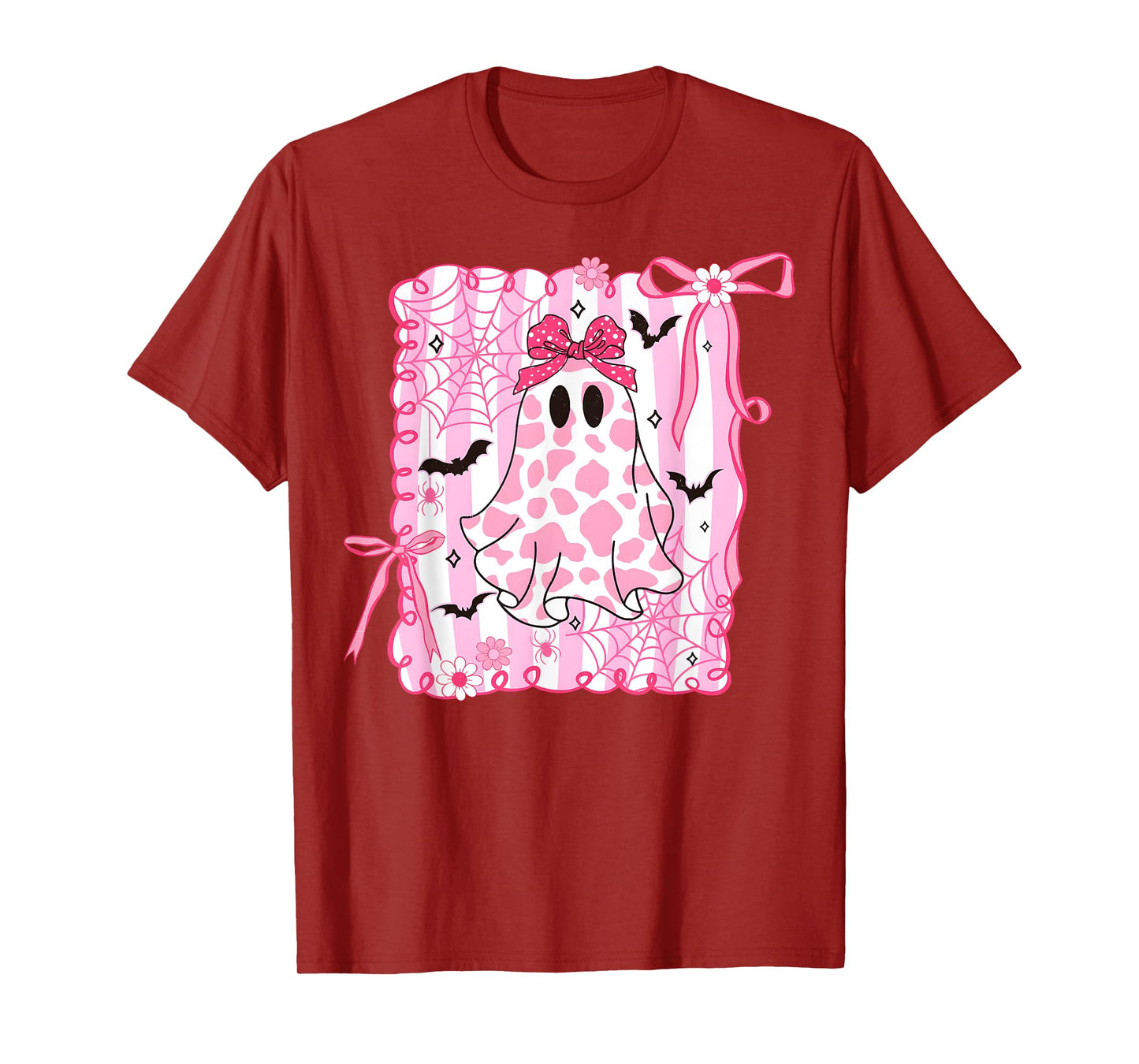 Cute Ghost Coquette Pink Bow Cow Print Halloween Spooky T-Shirt