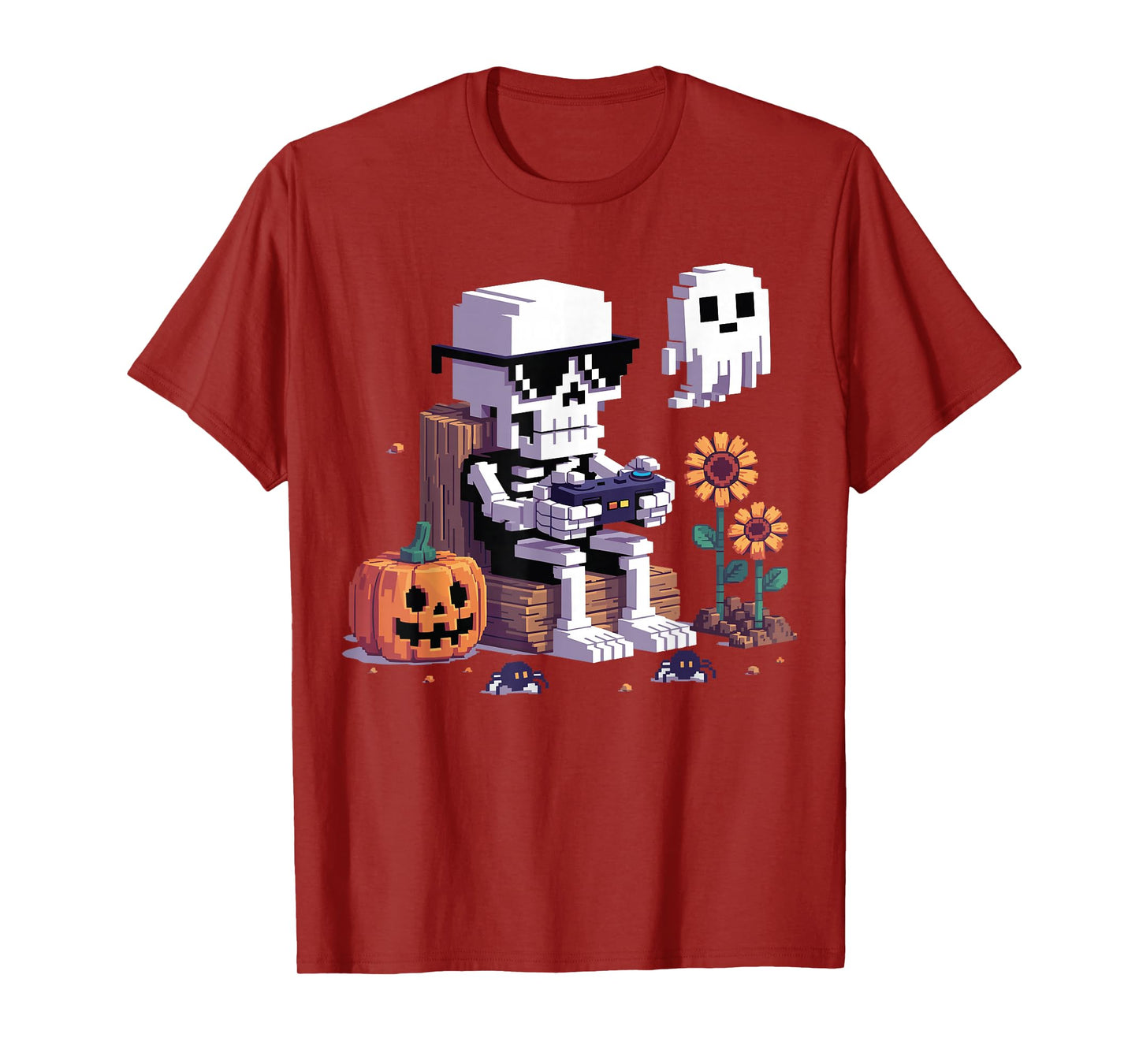 Funny Halloween Skeleton Gamer Pixel Video Gaming Boys Kids T-Shirt