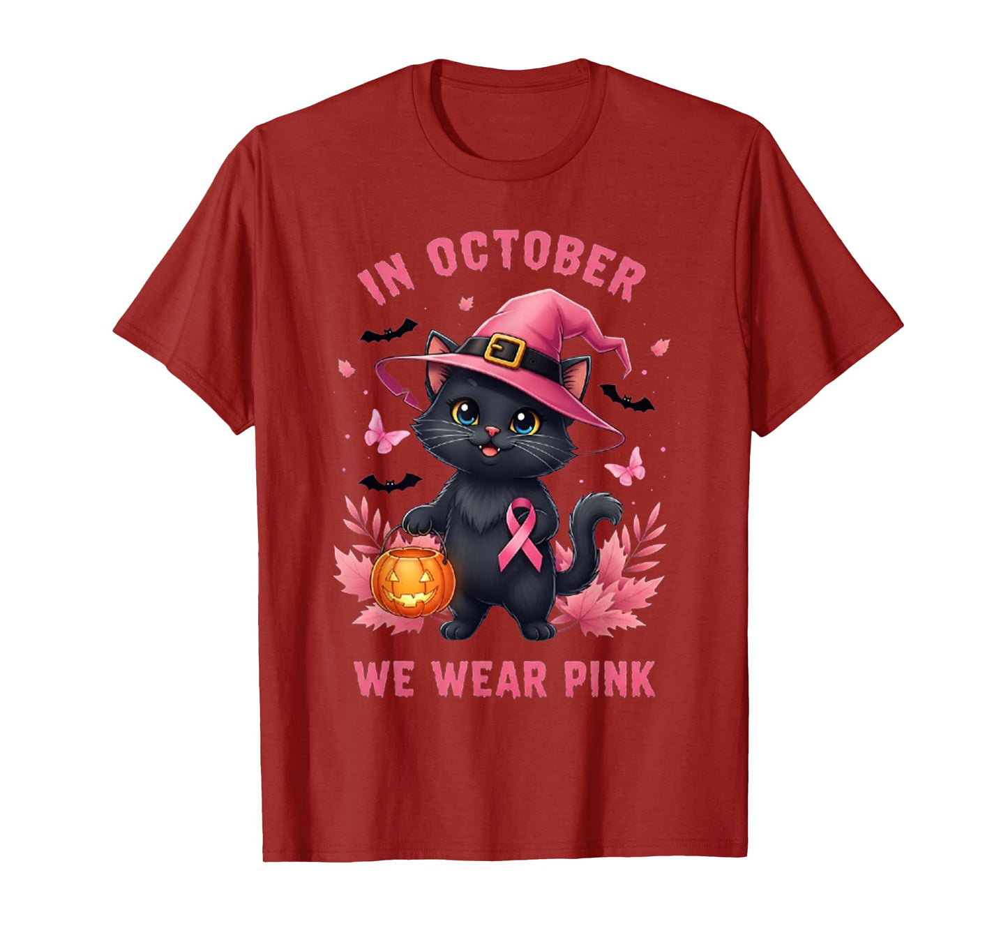Fun Cat Pink Ribbon in October We Wear Pink Breast Cancer T-Shirt