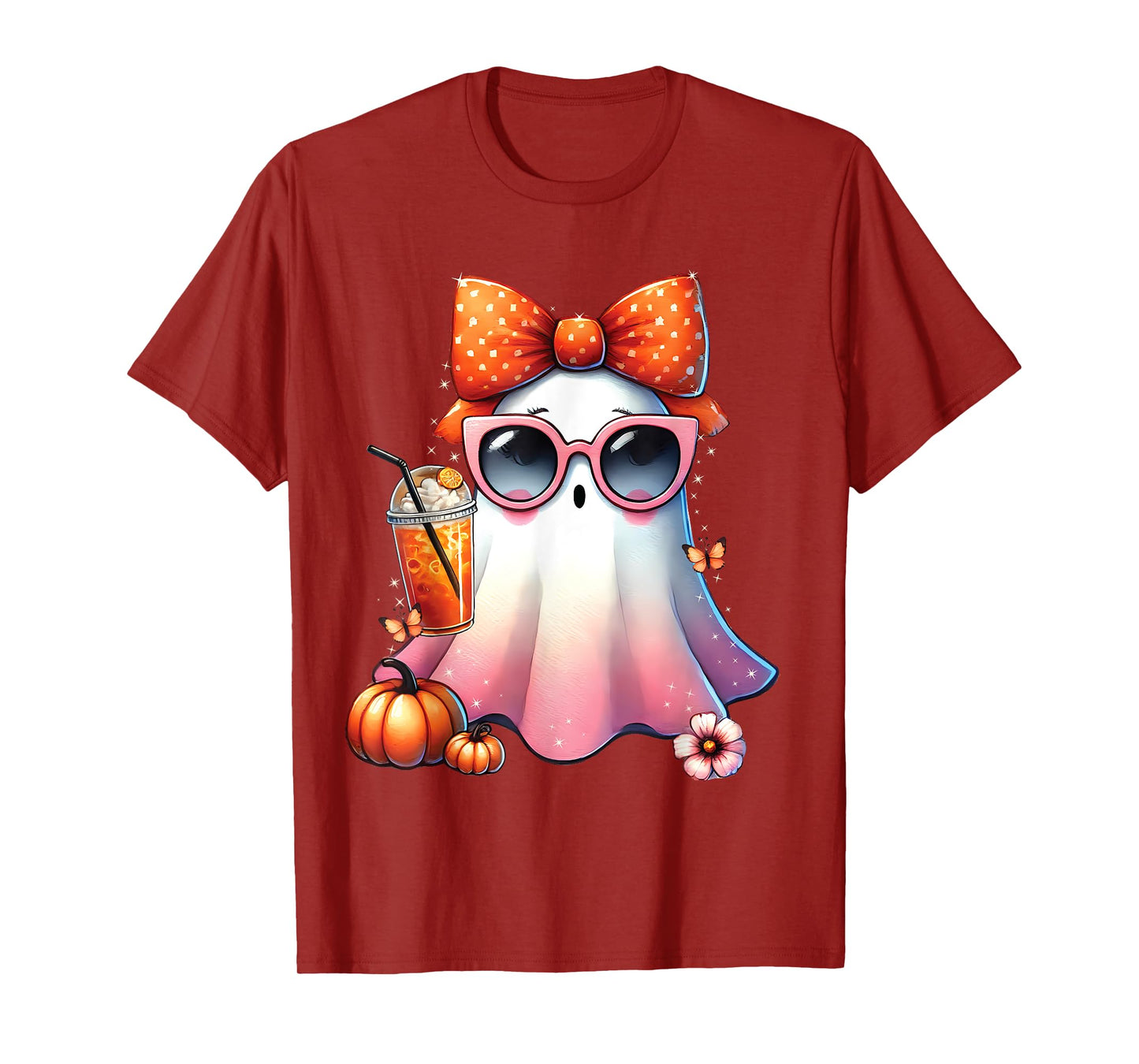Cute Ghost Drinking Coffee With Halloween Bow Women Girls T-Shirt