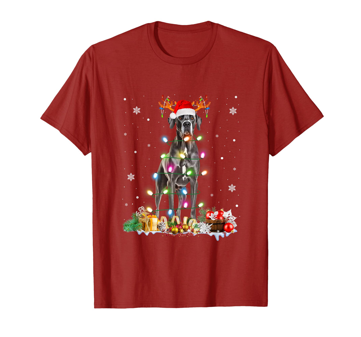 Great Dane Christmas Santa Hat Fairy Lights Pajama Dog Lover Men Women Kids T-Shirt