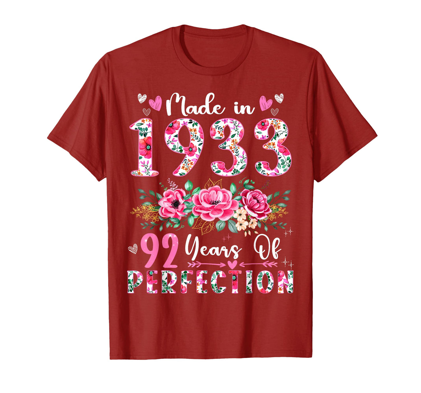 92 Year Old Made In 1933 Floral 92th Birthday Women T-Shirt