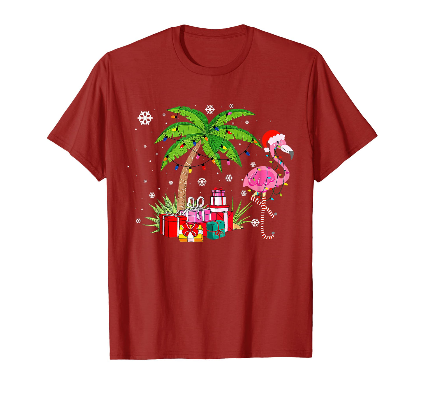 Pink Flamingo Christmas Palm Tree Tropical Xmas Funny T-Shirt