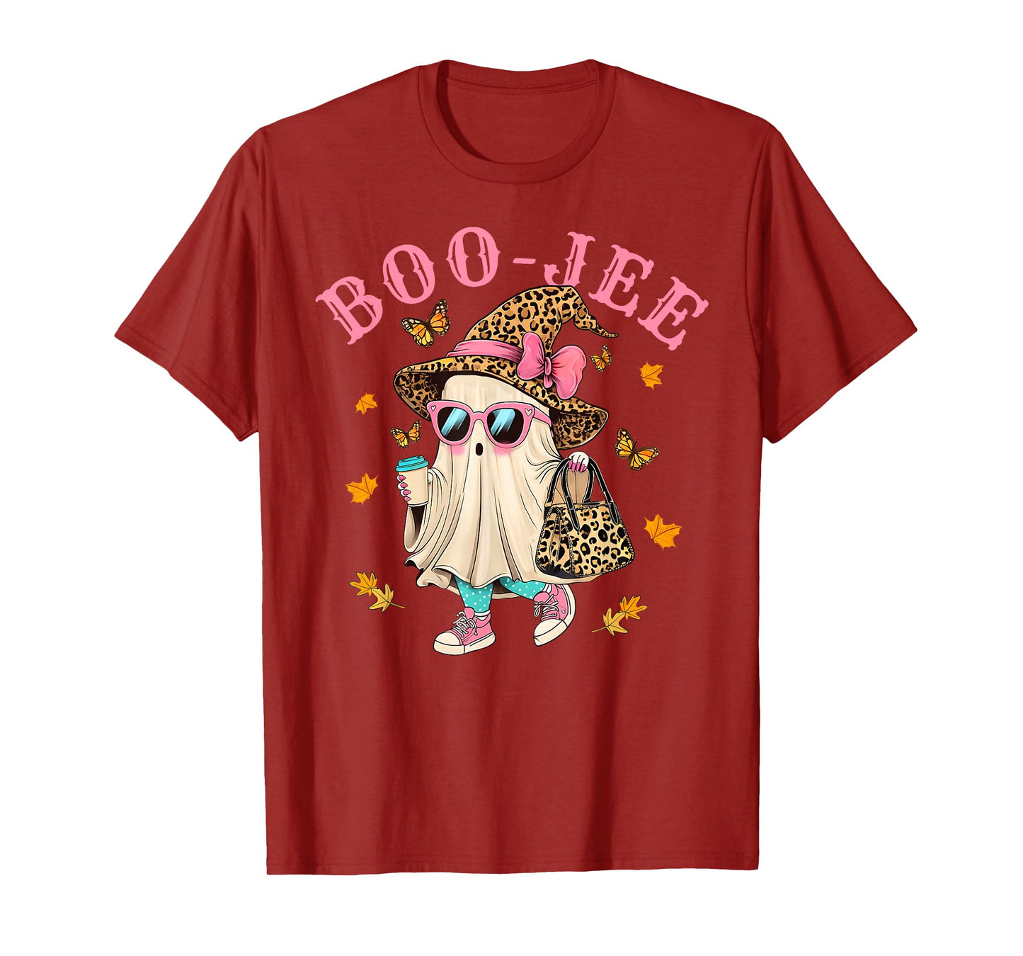 Cute Boo Jee Leopard Ghost Halloween Coffee Women Girl T-Shirt