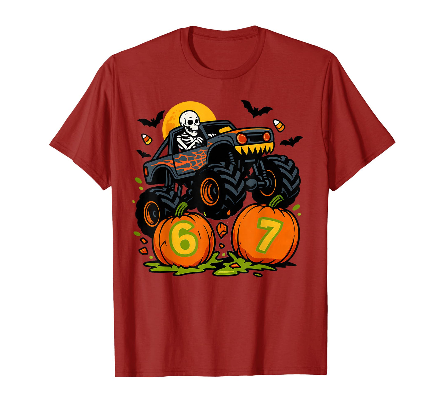 67 Halloween Monster Truck Skeleton Six Seven Meme Boys Kids T-Shirt