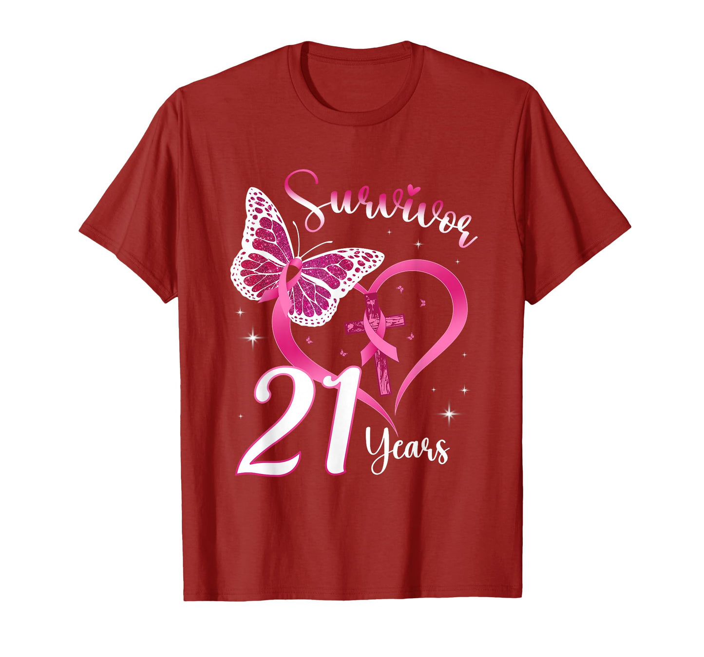 Breast Cancer Survivor Pink Ribbon Butterfly 21 Years Gift T-Shirt