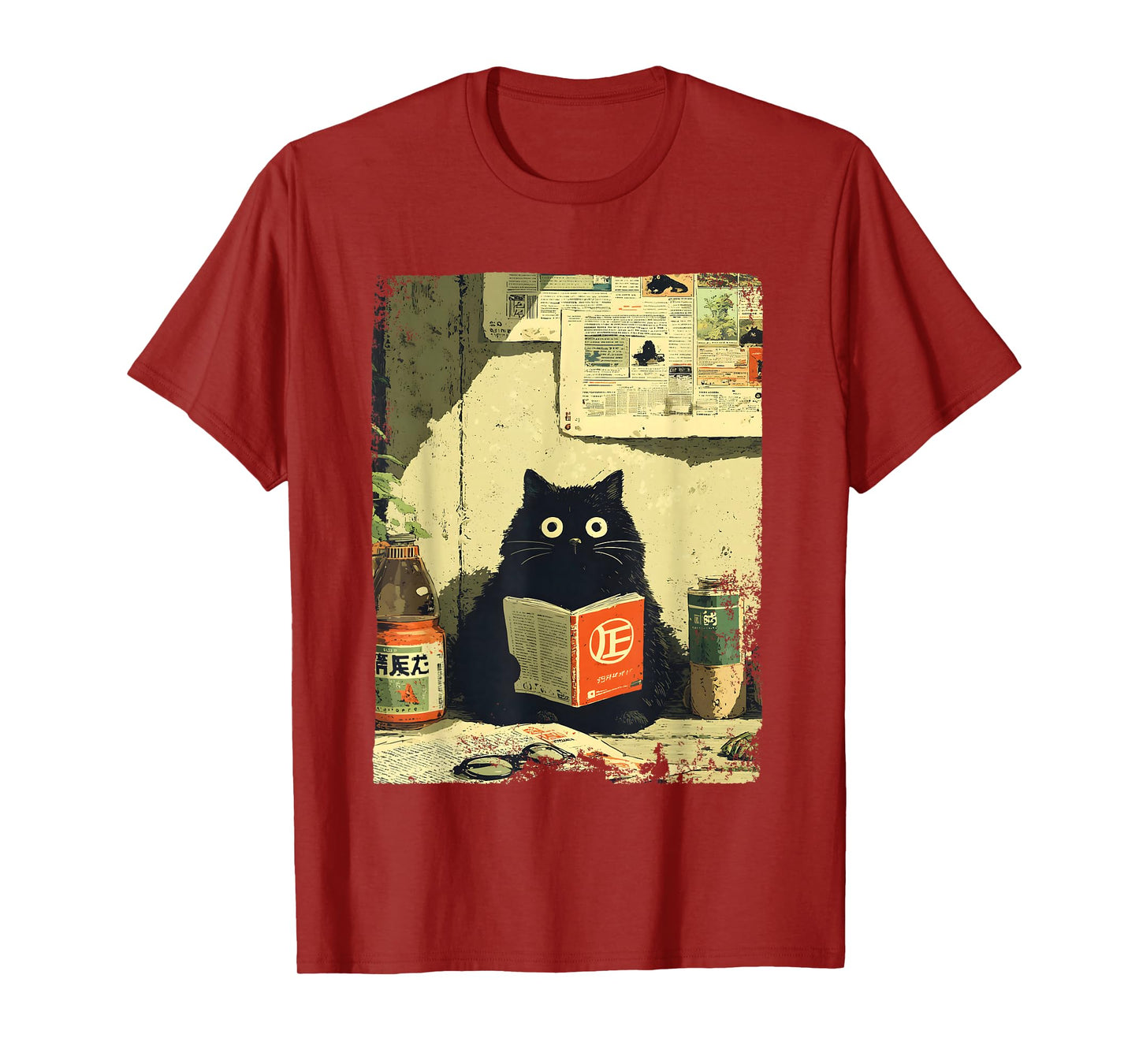 Vintage Japanese Cat Book Lovers Librarian Cat Dad Teacher T-Shirt