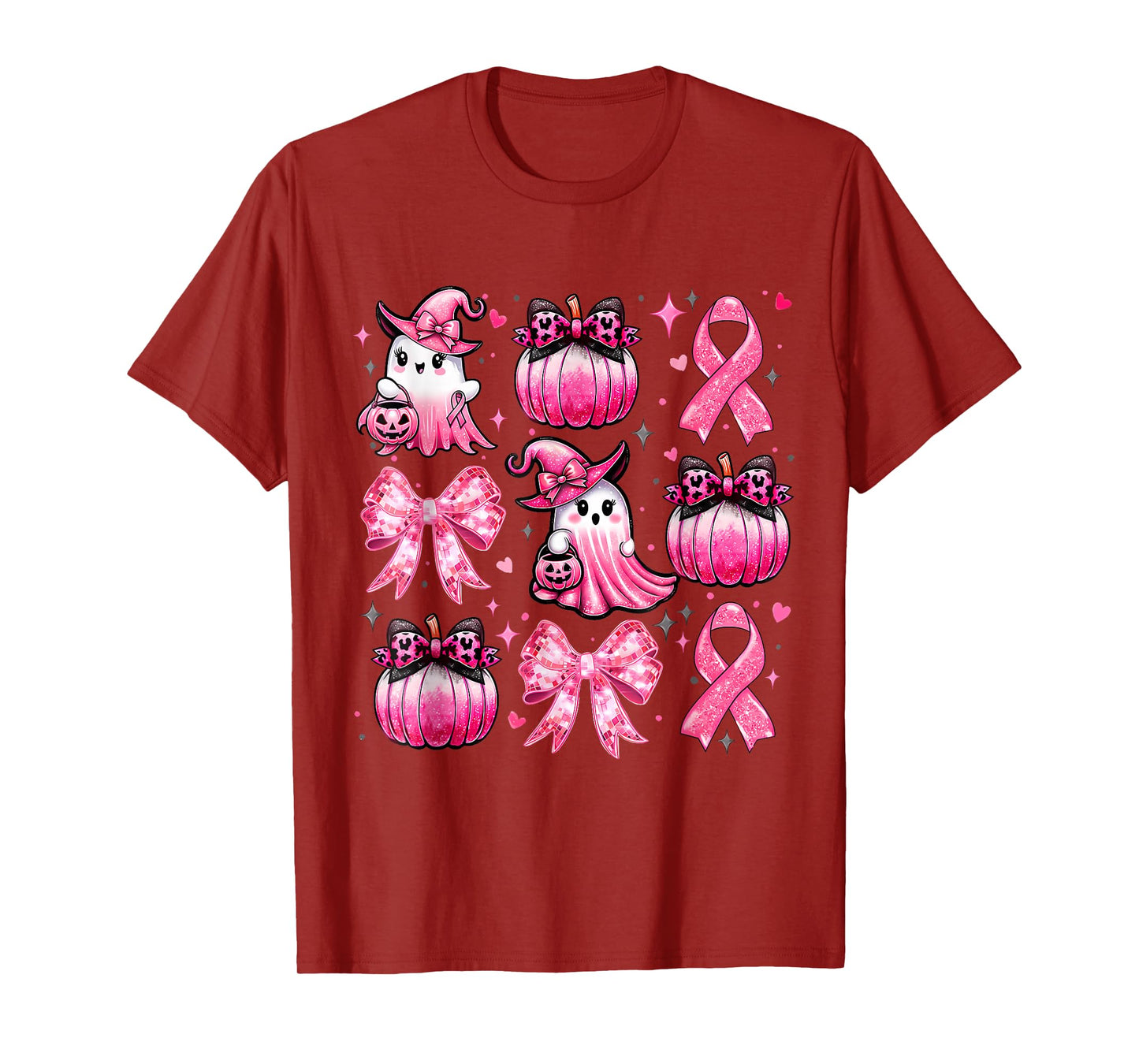 Pink Ghost Coquette Bow Halloween Breast Cancer Awareness T-Shirt