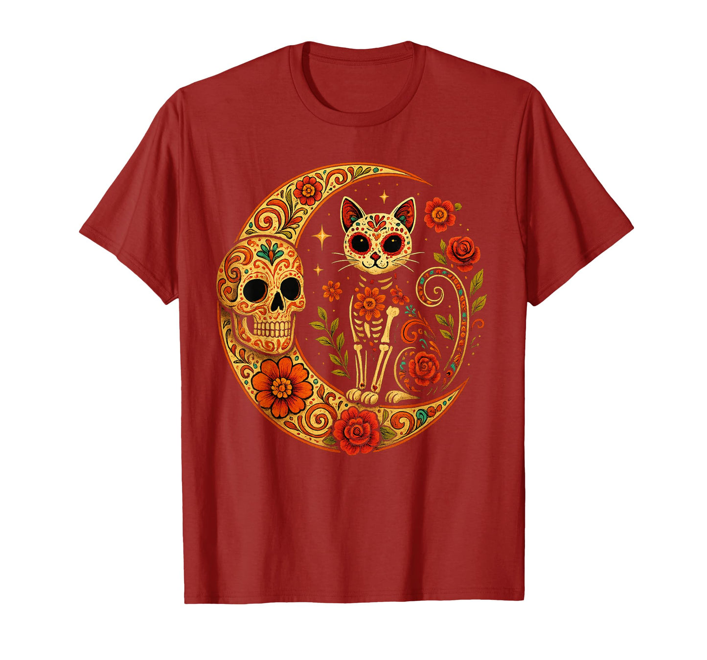 Sugar Skull Cat Moon Dia de Los Muertos Funny Halloween Cat T-Shirt