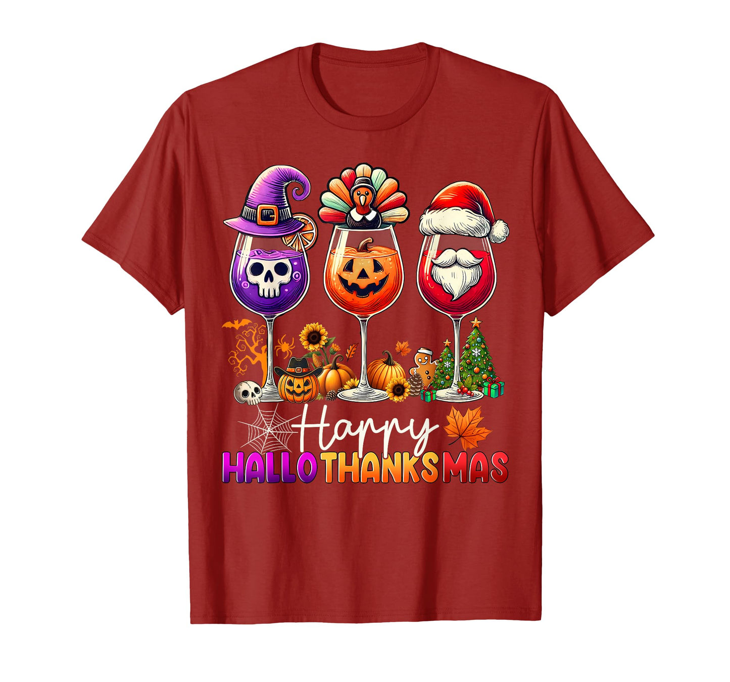 Happy Hallothanksmas Wine Halloween Thanksgiving Christmas T-Shirt