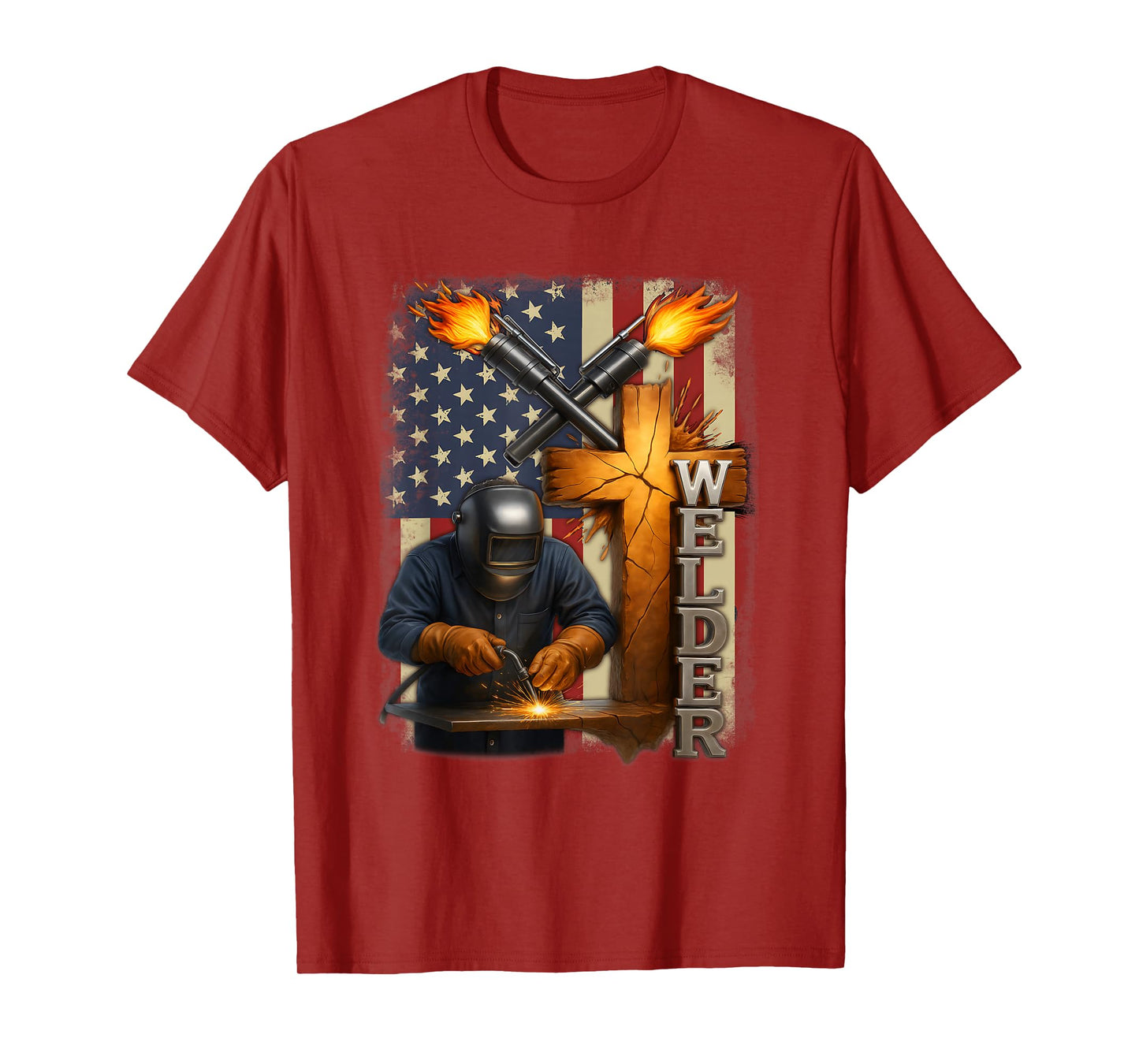 Welder USA Flag Cross Welding Faith Christian Work Pride T-Shirt