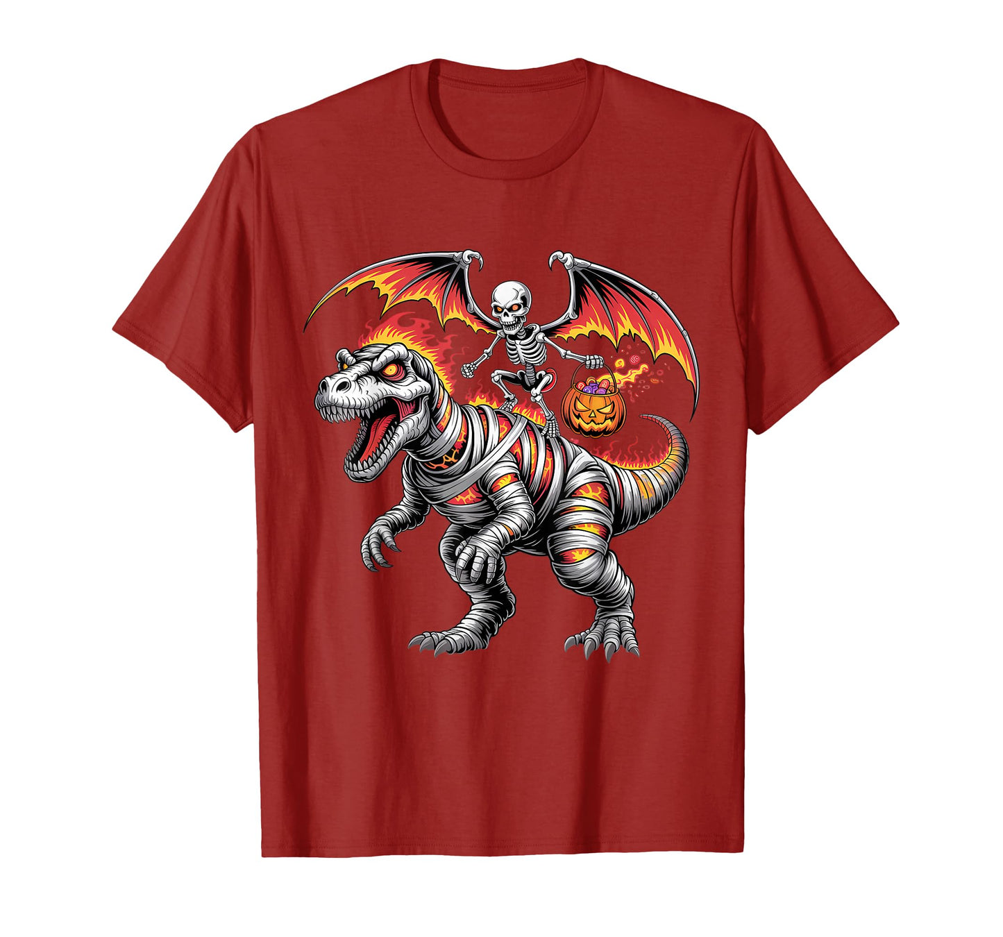 Scary Skeleton Riding Dinosaur T-Rex Halloween Pumpkin T-Shirt