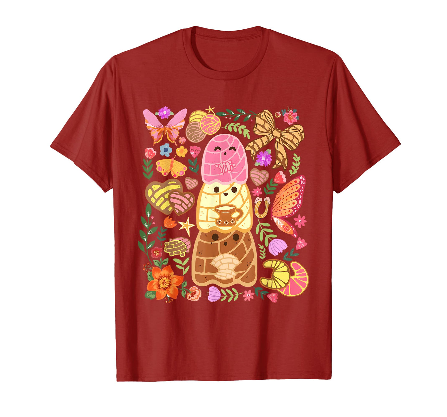 Cute Concha Bread with Butterflies and Flowers Kawaii T-Shirt