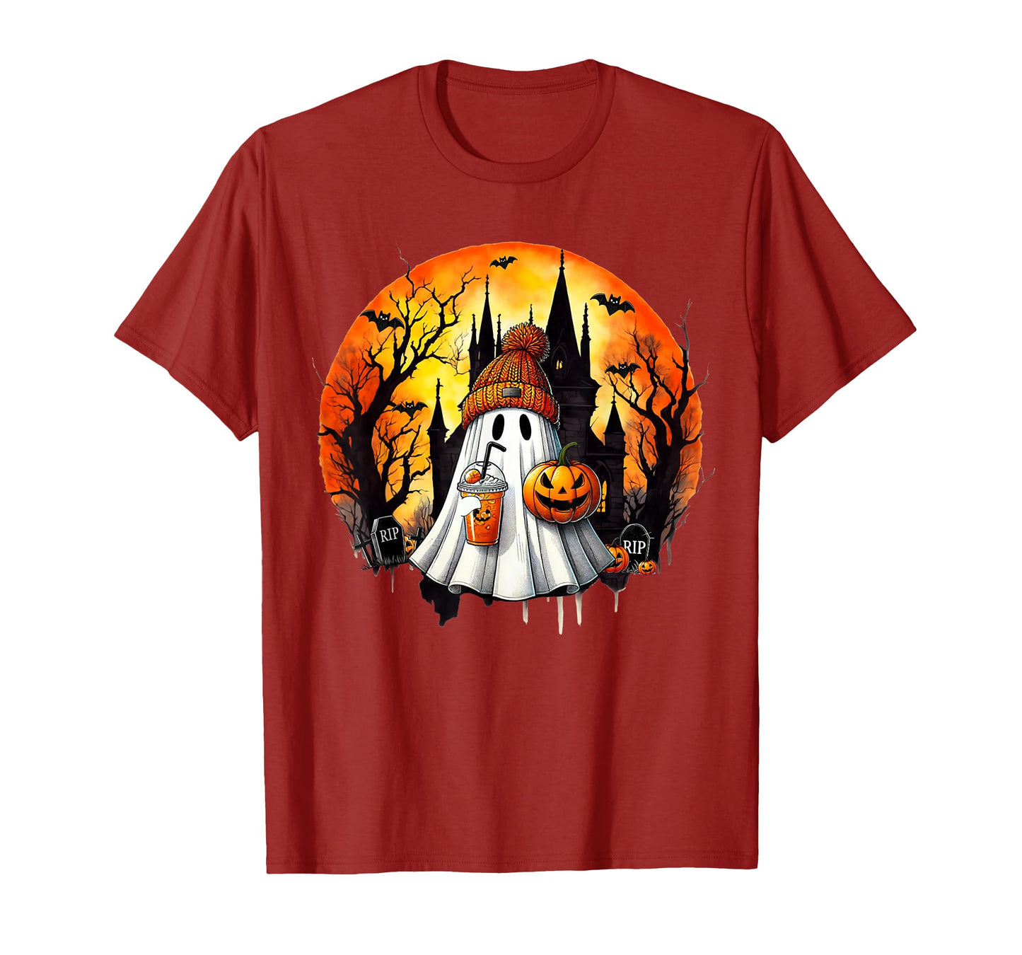 Cute Ghost Drinking Coffee Halloween Ghost Ice Coffee Womens T-Shirt