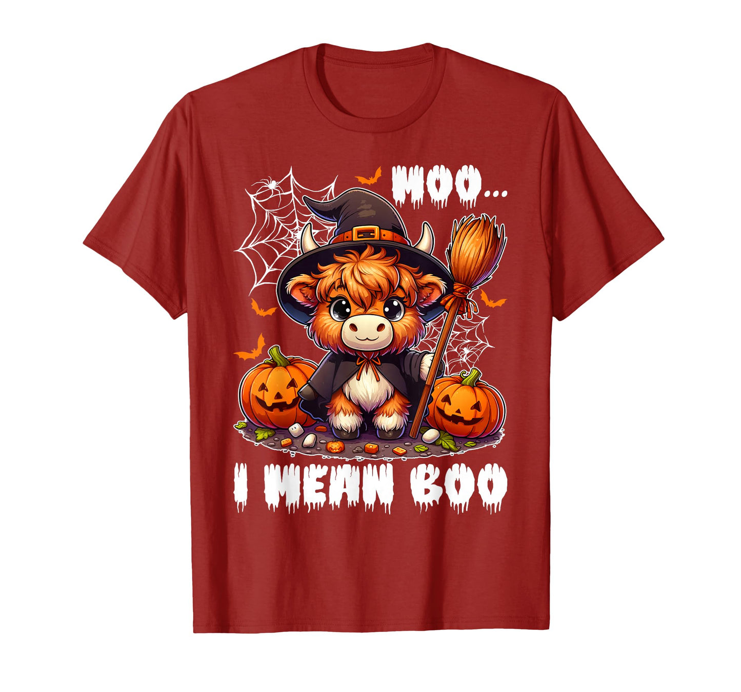 Moo I Mean Boo Highland Cow in Witch Costume Halloween Day T-Shirt