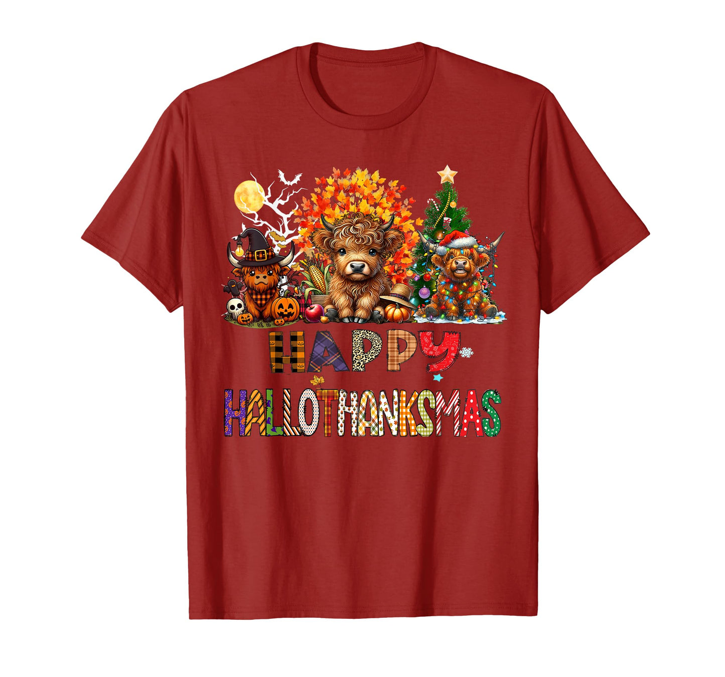 Happy Halloween Thanksgiving Christmas Highland Cow Holiday T-Shirt