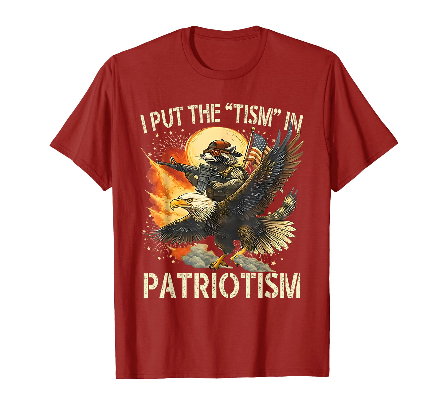 I Put The “Tism” in Patriotism Retro Eagle Raccoon USA Flag T-Shirt