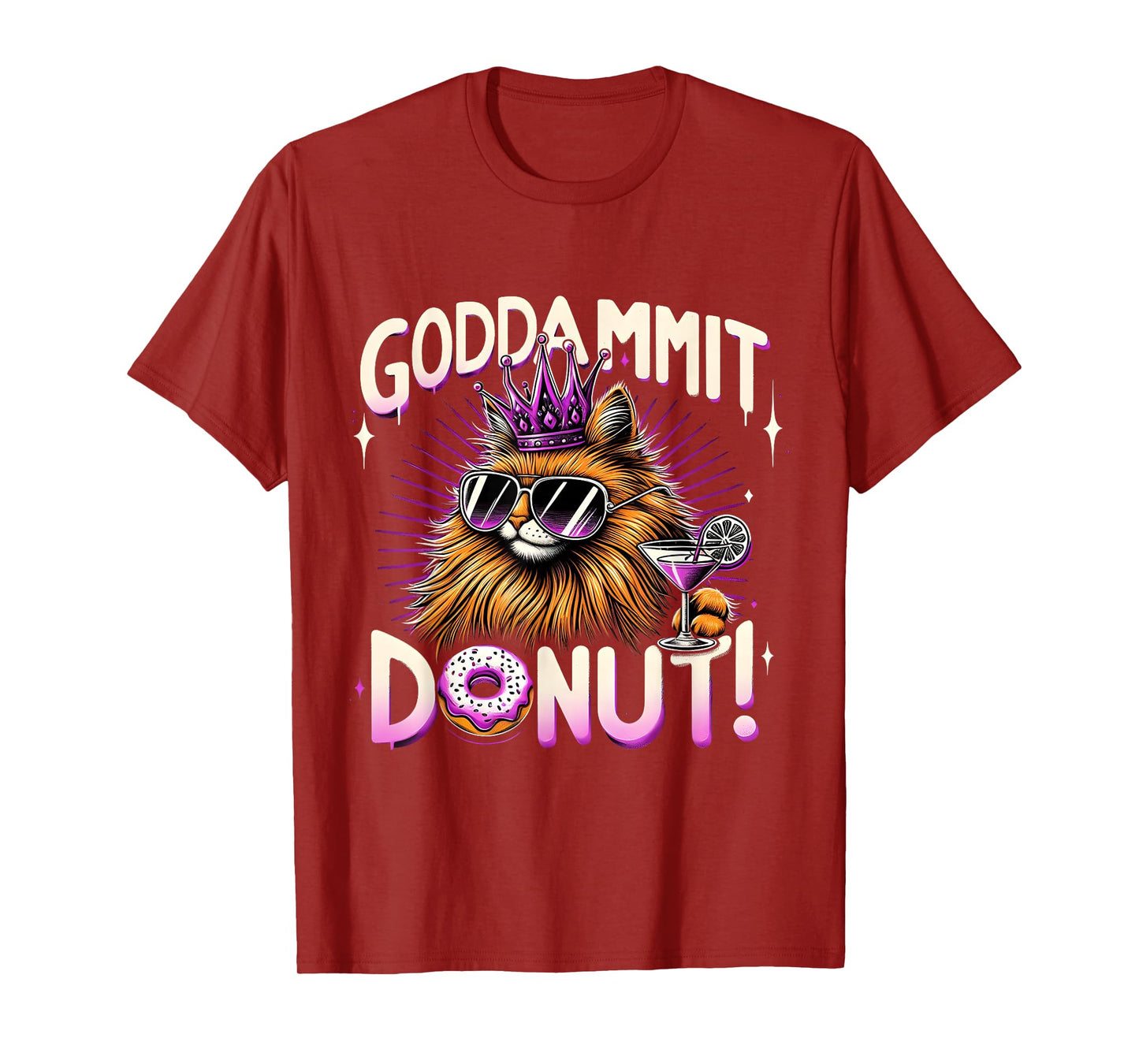 Funny Cool Cat Crown Donut Drink Retro Graphic Design T-Shirt