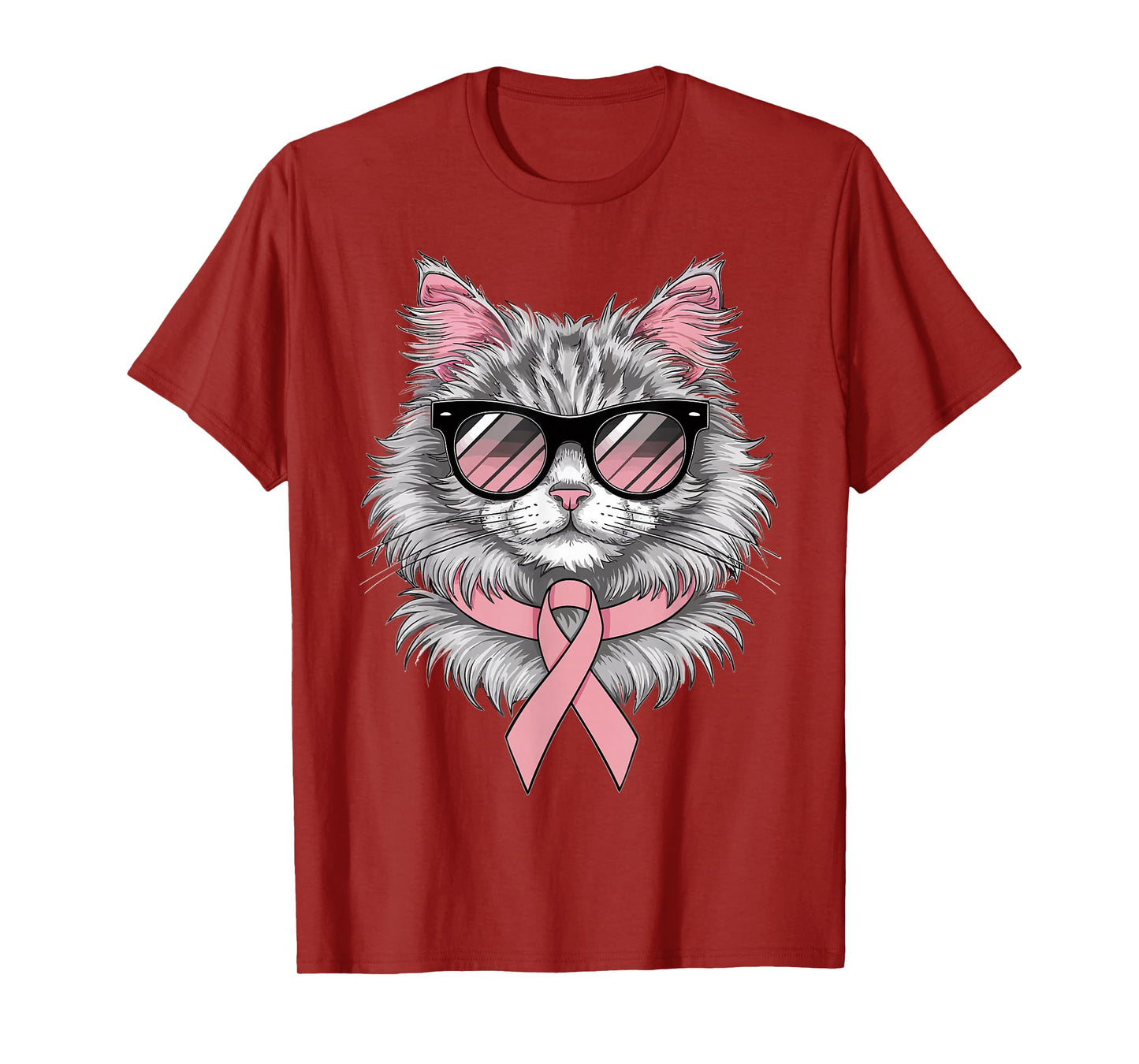Cat Breast Cancer Awareness Cool Pink Ribbon Support T-Shirt