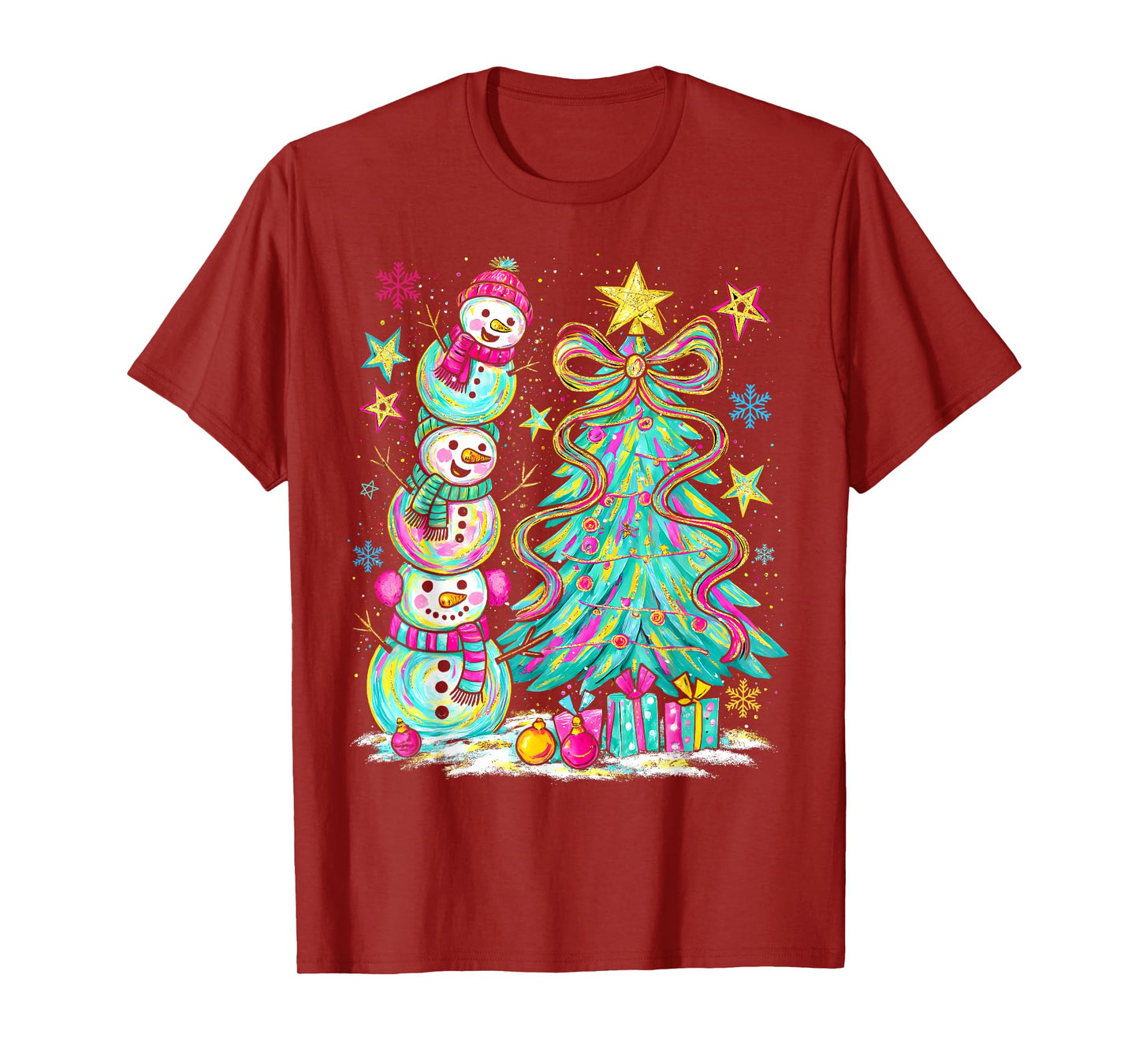 Colorful Snowman Christmas Tree Coquette Bow Women Girl Kids T-Shirt