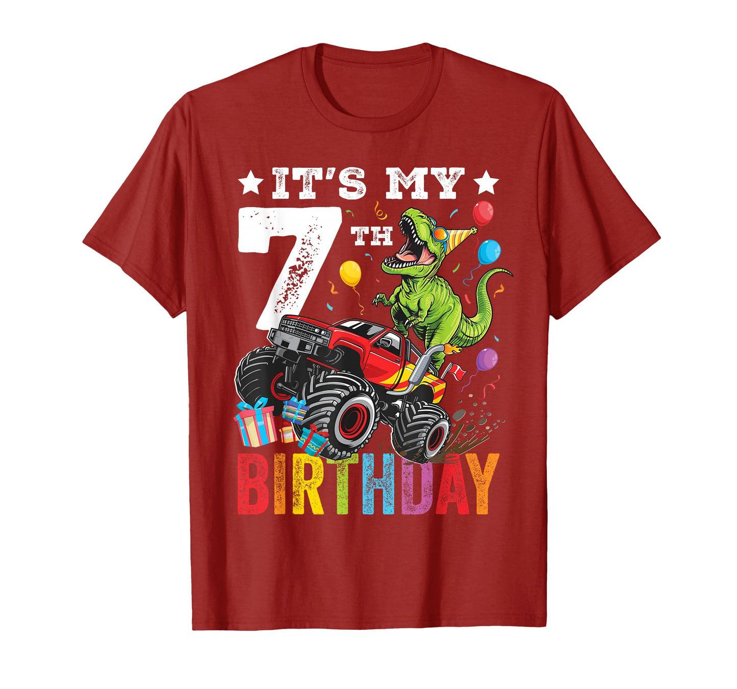 Seven 7th Birthday Dinosaur Monster Truck T-Shirt