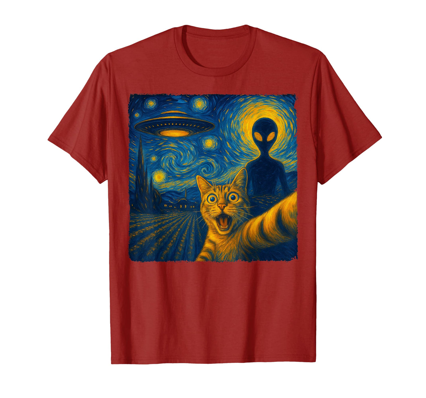 Cat Selfie with Alien UFO Van Gogh Art Gifts Men Women Kid T-Shirt