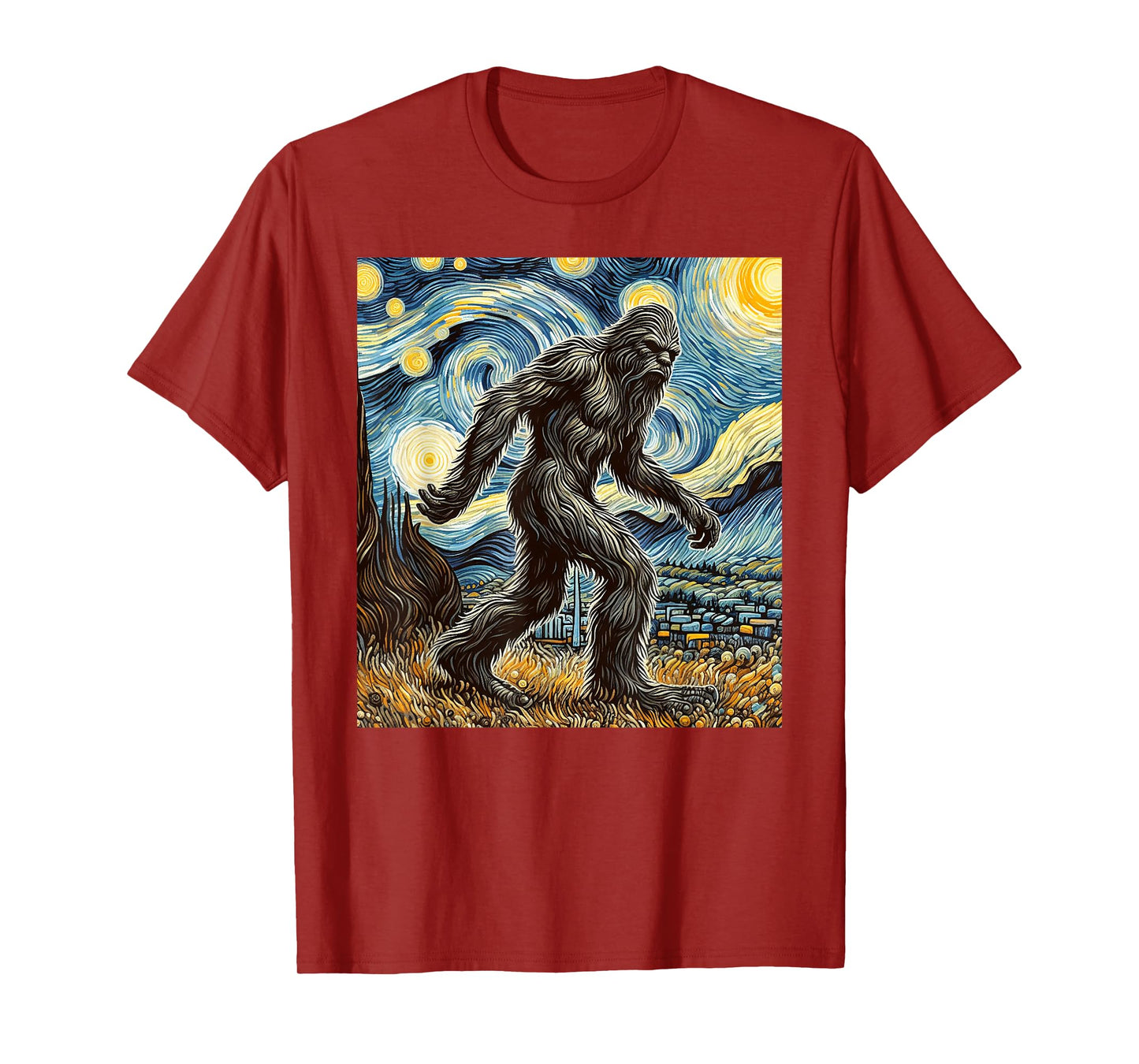 Funny Bigfoot Starry Night Sasquatch Van Gogh Sky Painting T-Shirt