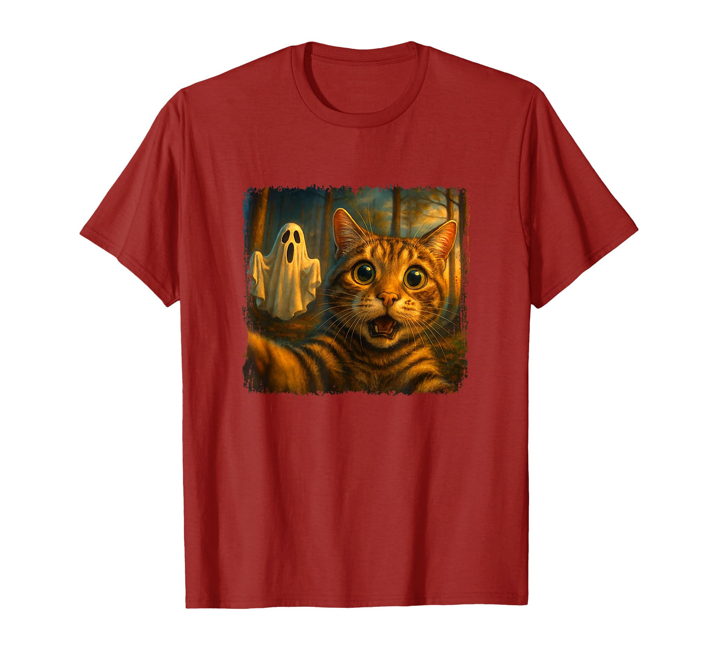 Funny Scared Cat Selfie with Ghost Halloween Design T-Shirt