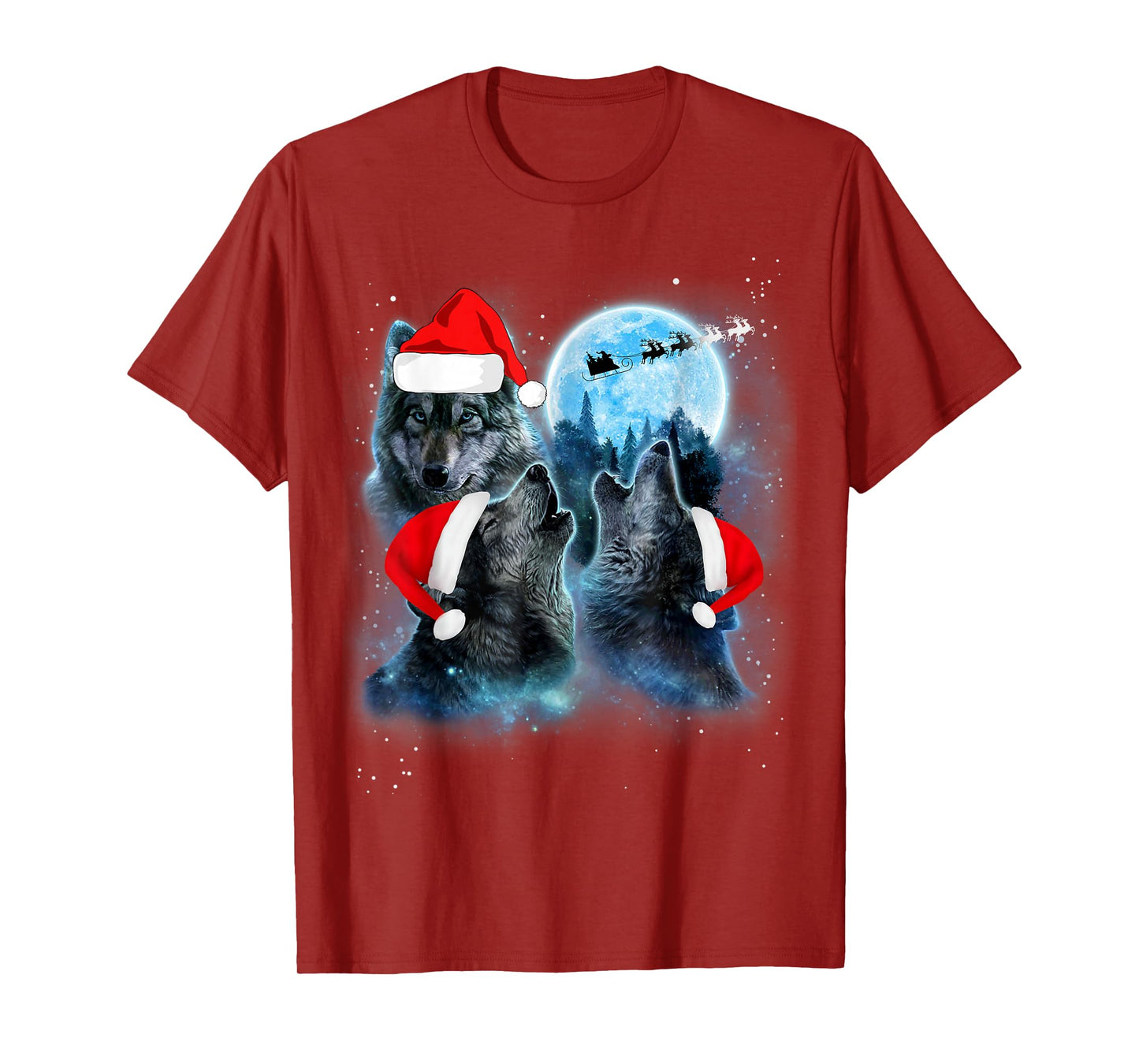 Three Wolves Howling Under Moon Christmas Santa Wolf Lover T-Shirt