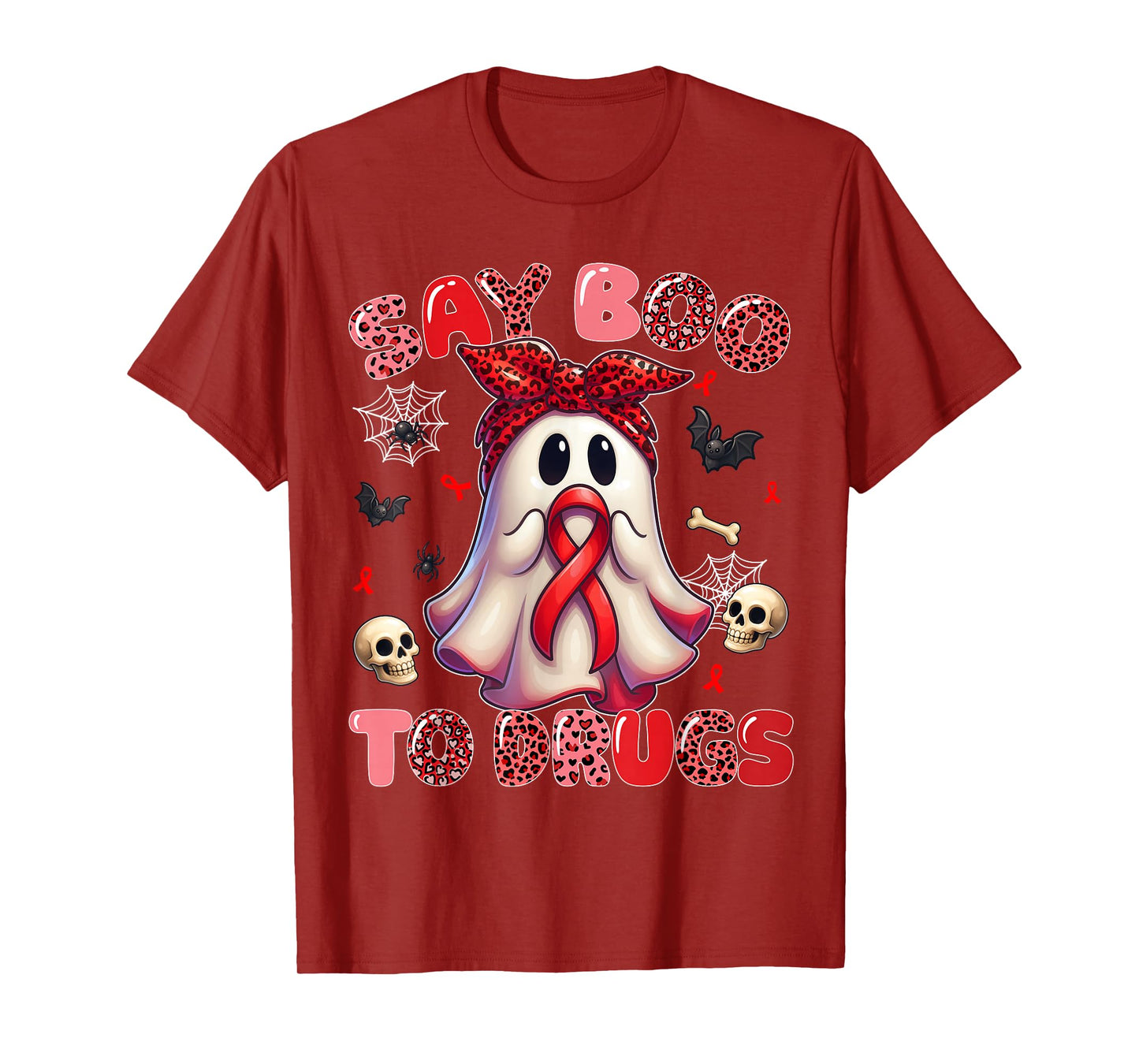 Say Boo to Drugs Leopard Red Ribbon Week Awareness Women T-Shirt