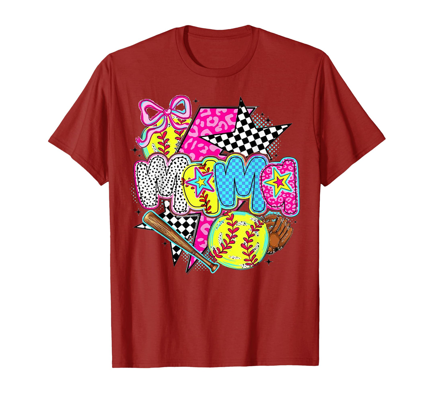 Softball Mama Game Day Leopard Checkered Mom Retro T-Shirt