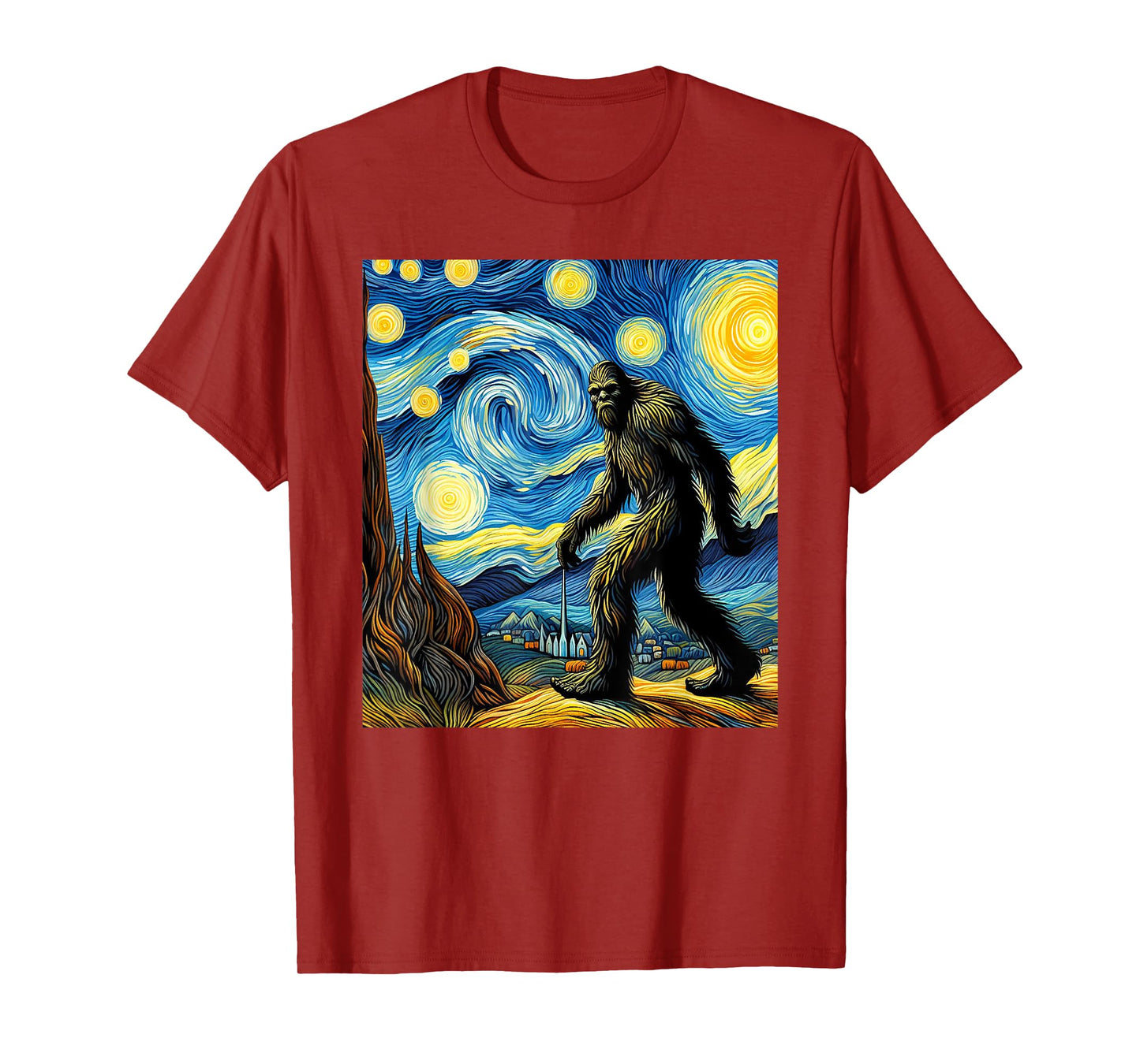 Funny Bigfoot Starry Night Sasquatch Van Gogh Sky Painting T-Shirt