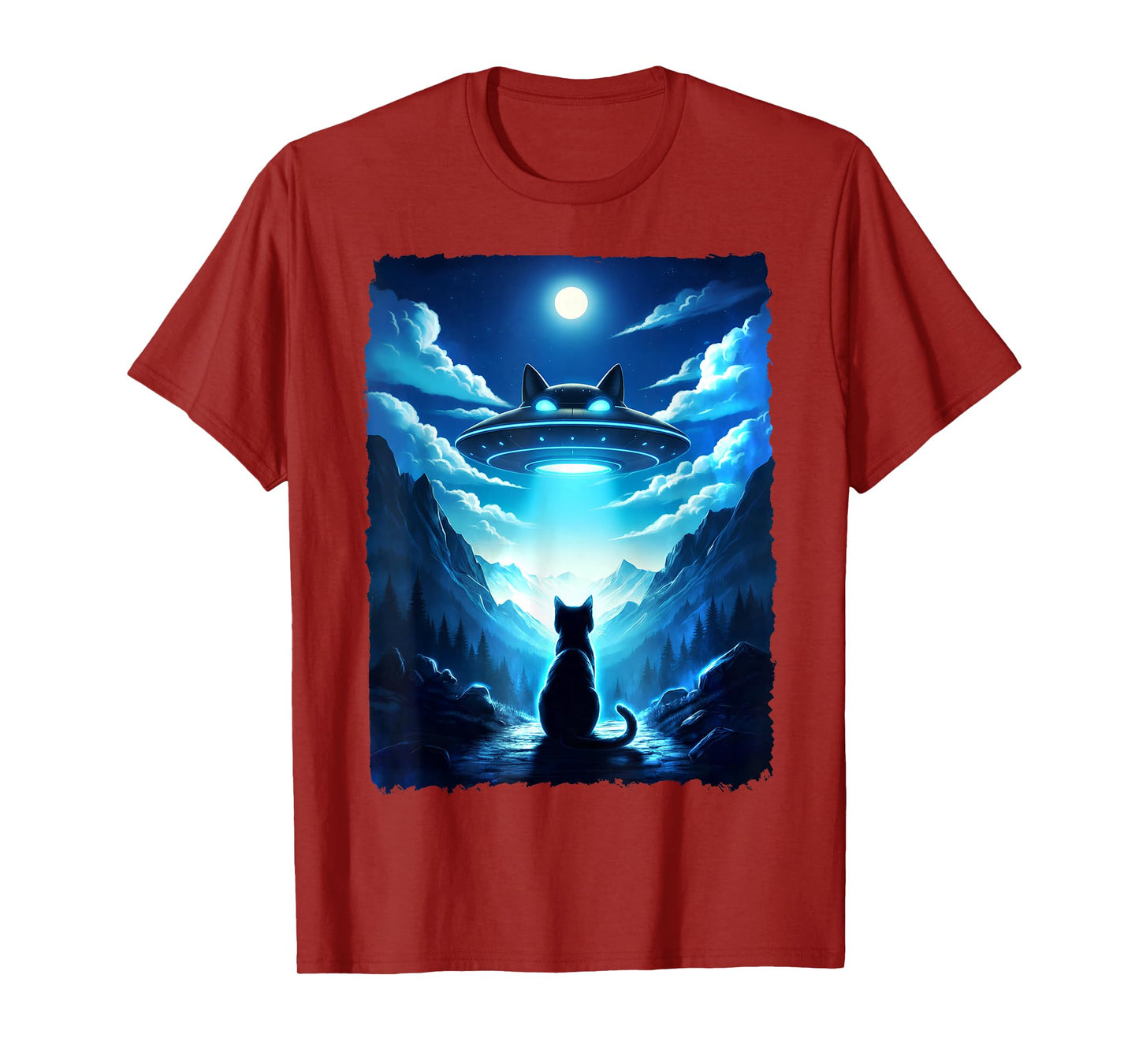 Alien Cat UFO Spaceship Night Sky Fantasy Funny Sci-Fi Art T-Shirt