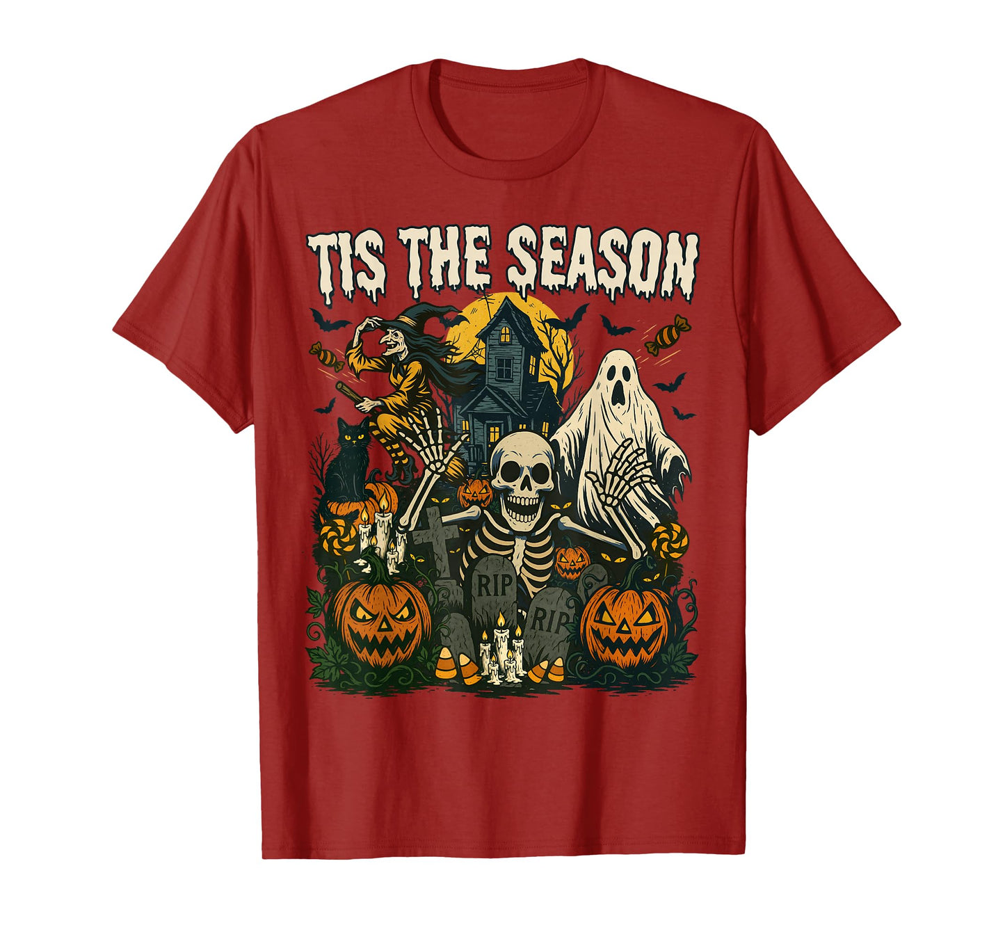 Vintage Tis The Season Halloween Skeleton Ghost Vibes Retro T-Shirt