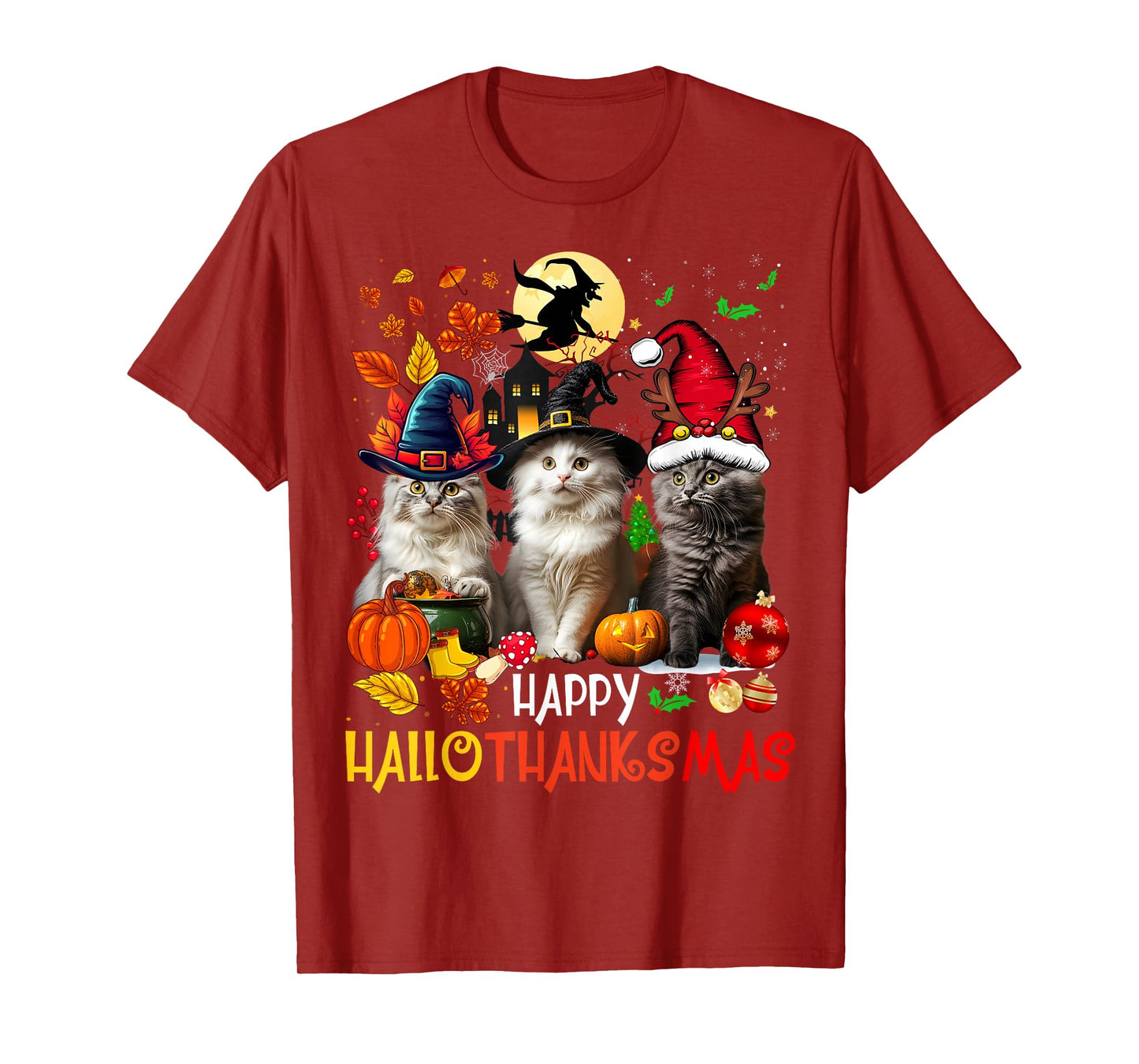 Halloween Thanksgiving Christmas Happy HalloThanksMas Cats T-Shirt