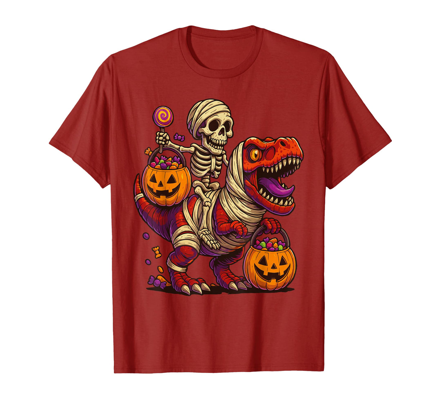 Skeleton Riding Mummy Dinosaur T rex Halloween Funny Pumpkin T-Shirt
