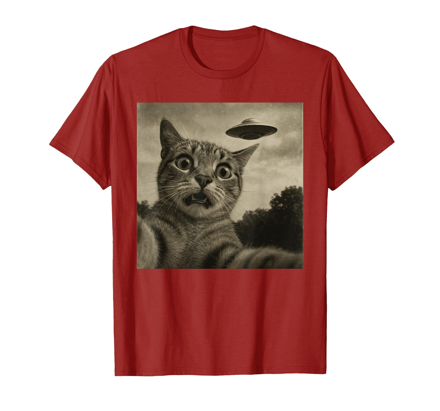 Funny Alien Cat Selfie with UFOs Idea Men Women Kids T-Shirt