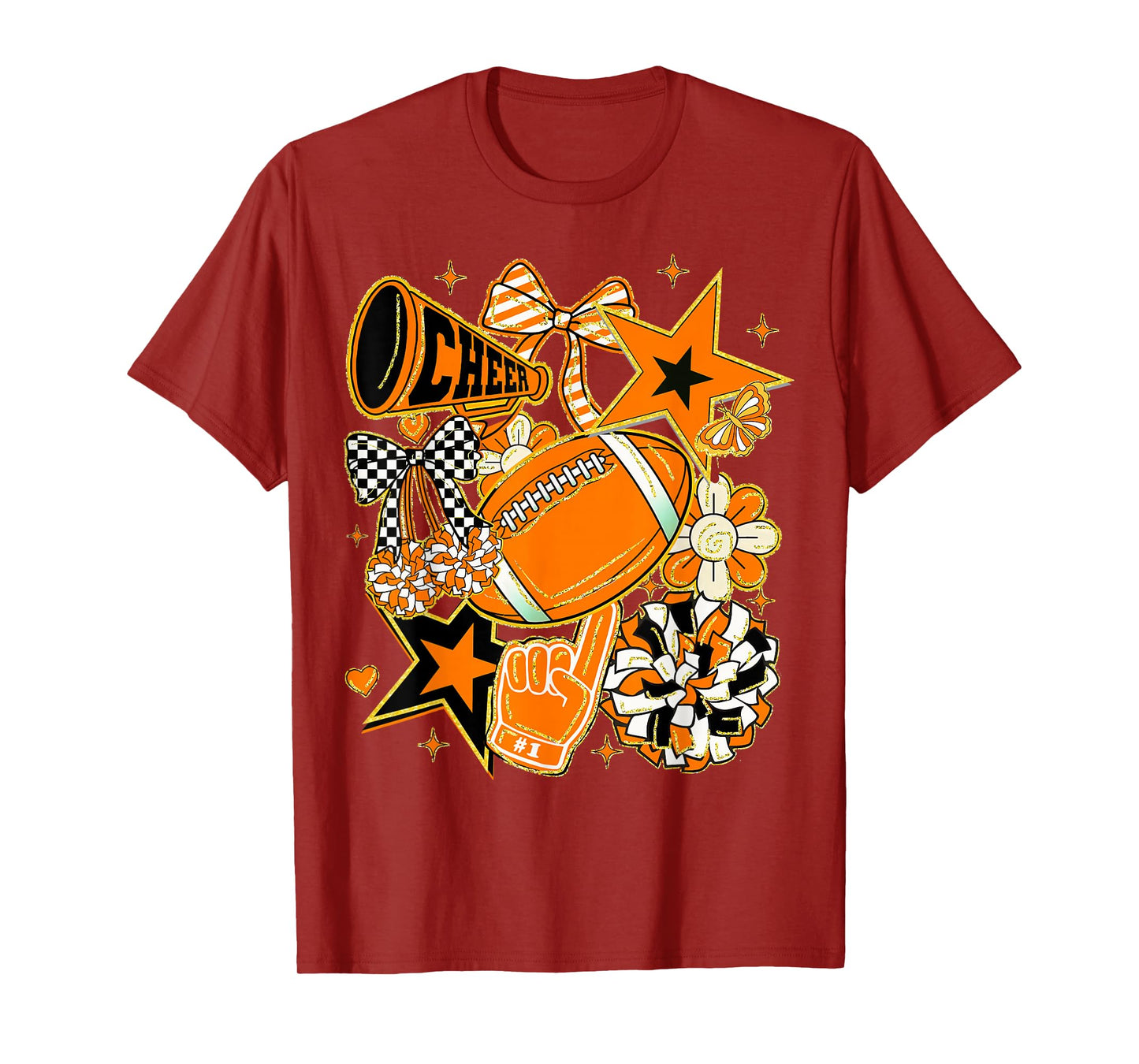 Coquette Bow Football Orange Black Game Cheer Mom Touchdown T-Shirt