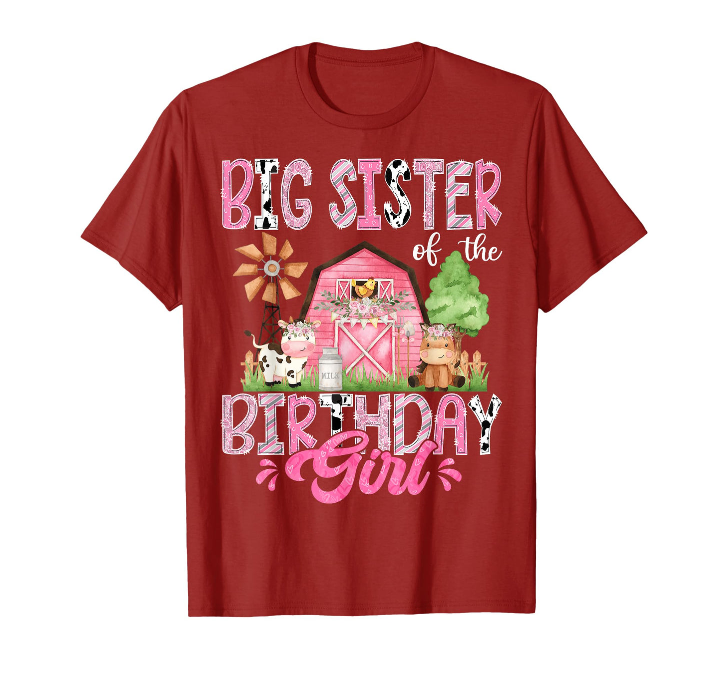 Big Sister Of The Birthday Girl 1St Birthday Pink Cow Farm T-Shirt