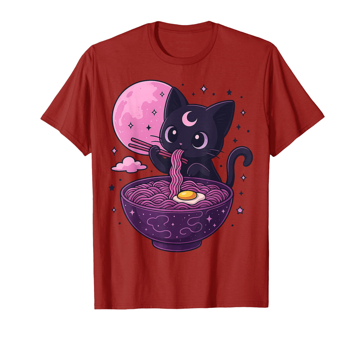 Kawaii Pastel Goth Cat Eating Ramen Under Moon Japanese T-Shirt