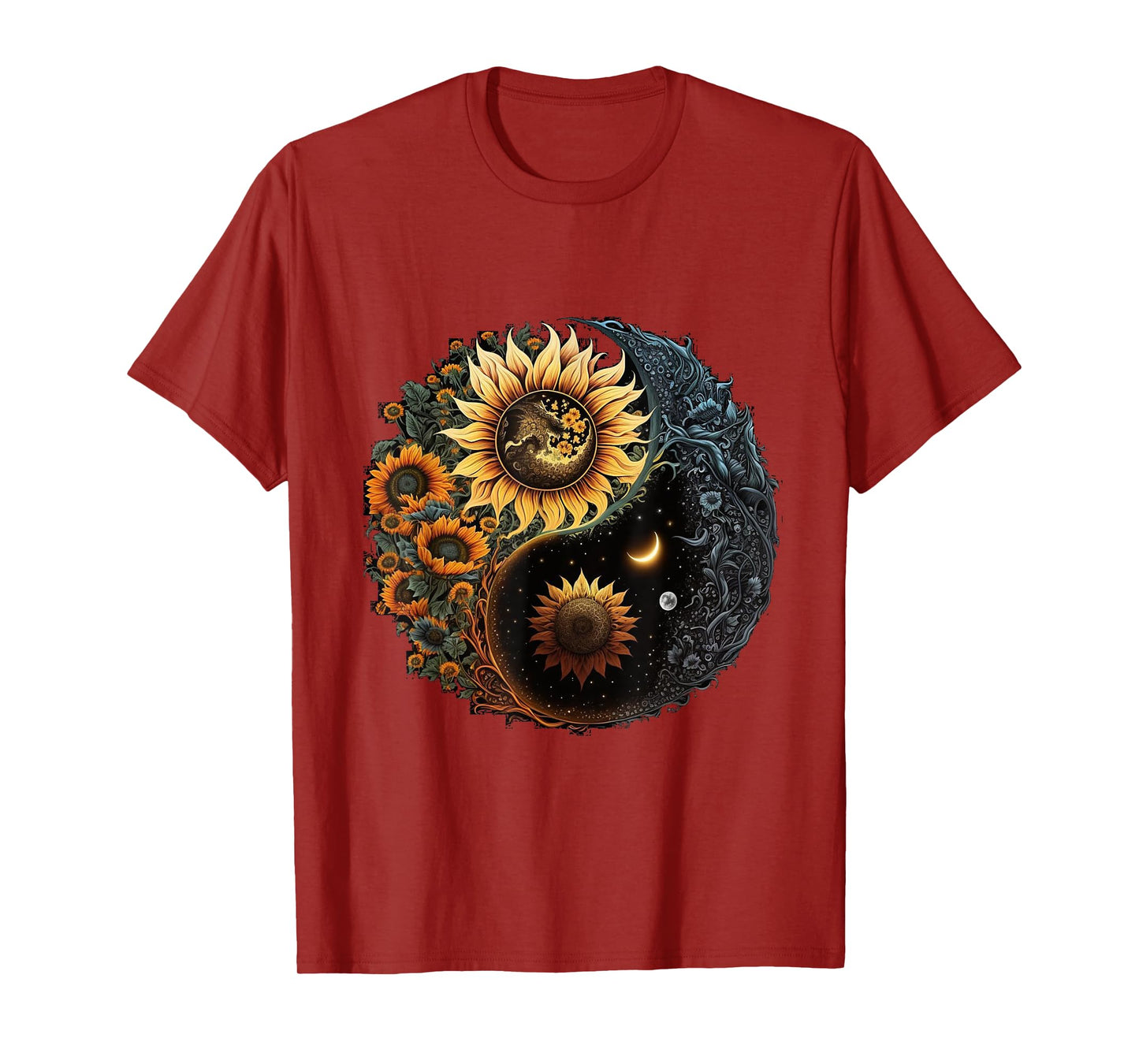 Yin And Yang Aesthetic Sunflower And Crescent Moon Art T-Shirt