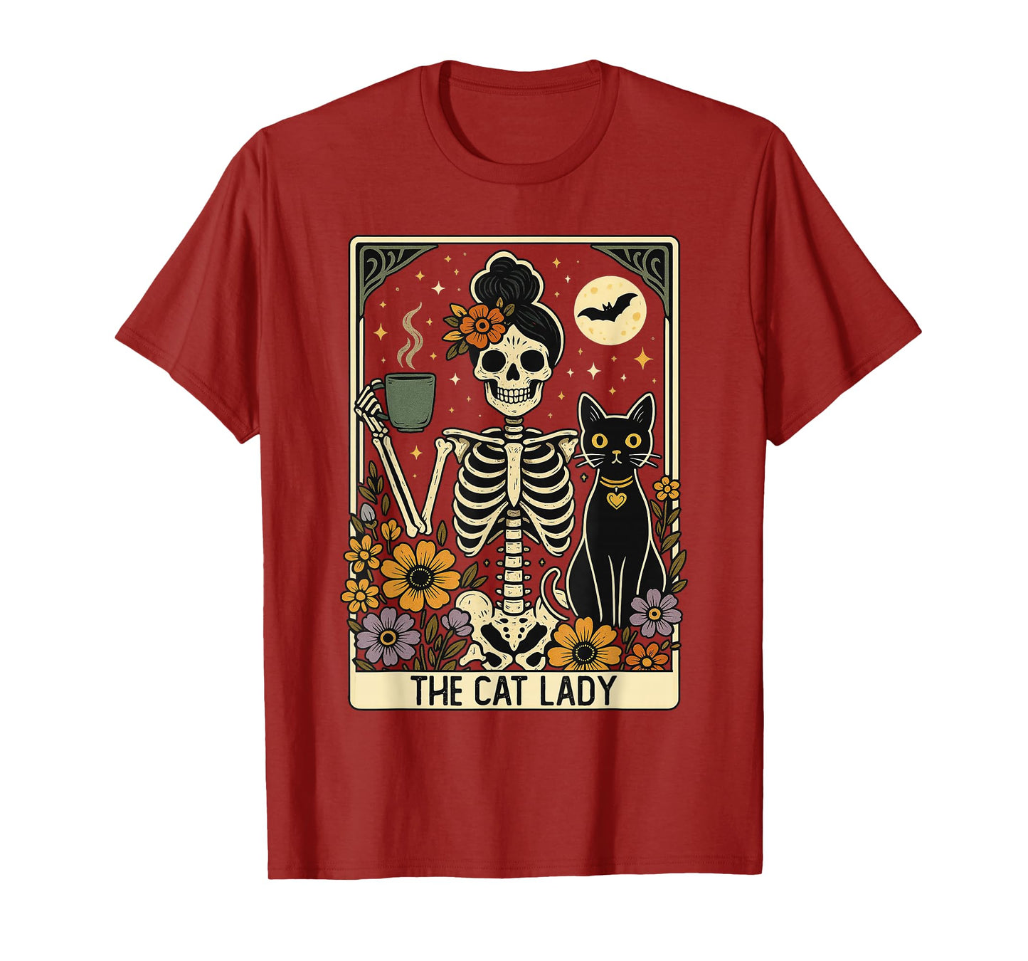 Mystic Skeleton The Cat Lady with Coffee Tarot Card Vibes T-Shirt